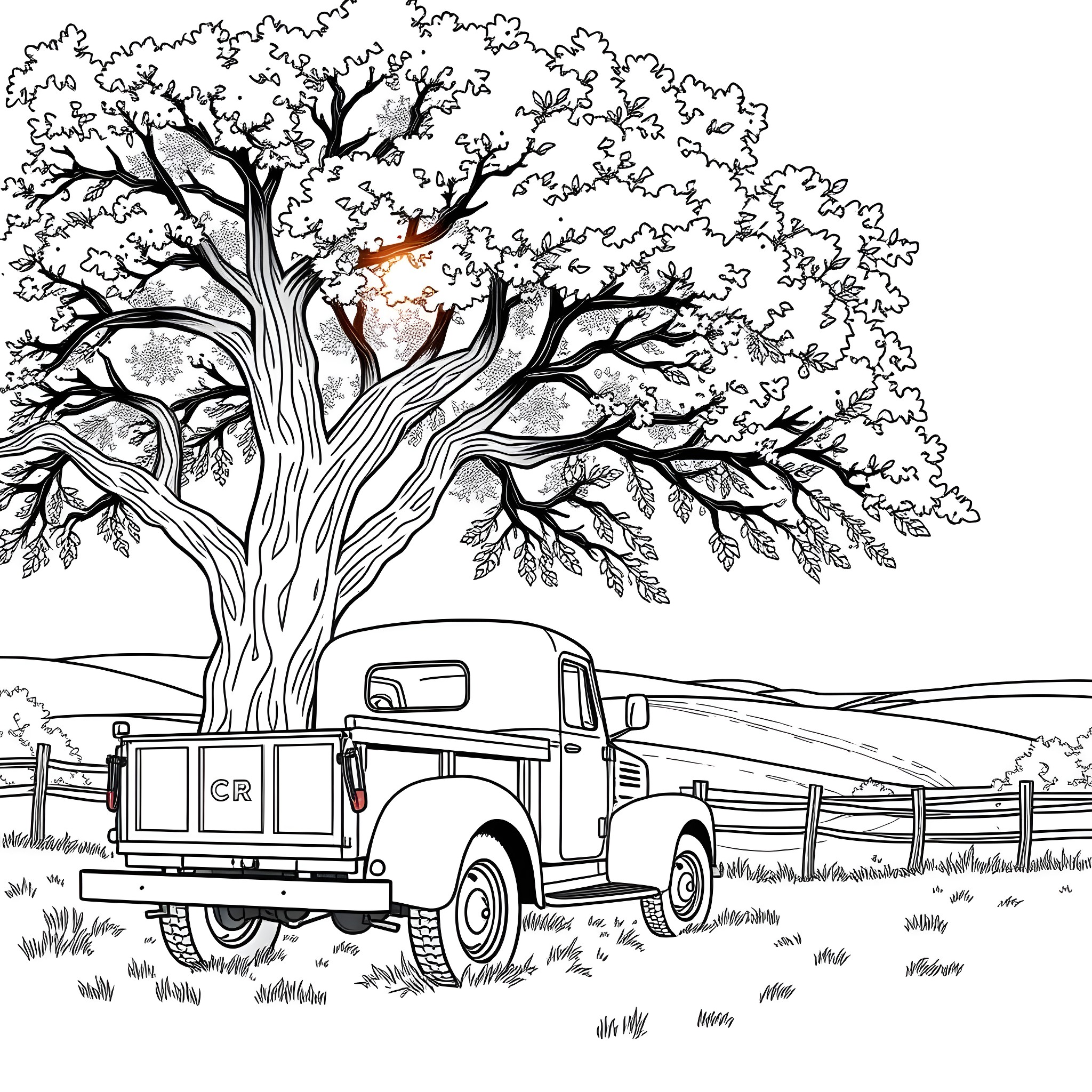 Farm Truck under the Sprawling Oak Tree Coloring Page (free black-and-white line drawing printable PDF for all, from beginners to advanced learners, including children, teens, adults, and seniors)