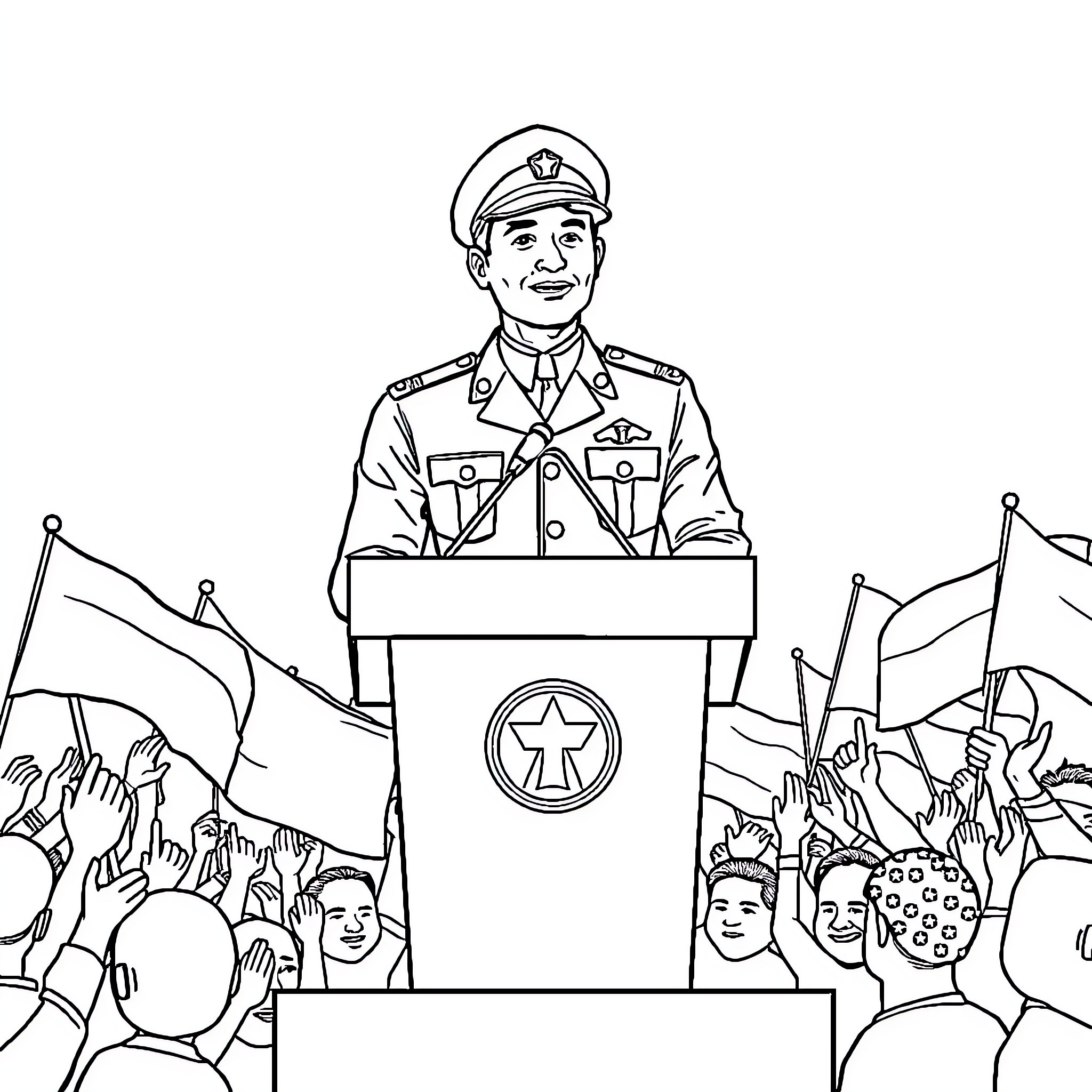 Gaddafi Addressing Enthusiastic Supporters at Rally Coloring Page (free black-and-white line drawing printable PDF for all, from beginners to advanced learners, including children, teens, adults, and seniors)