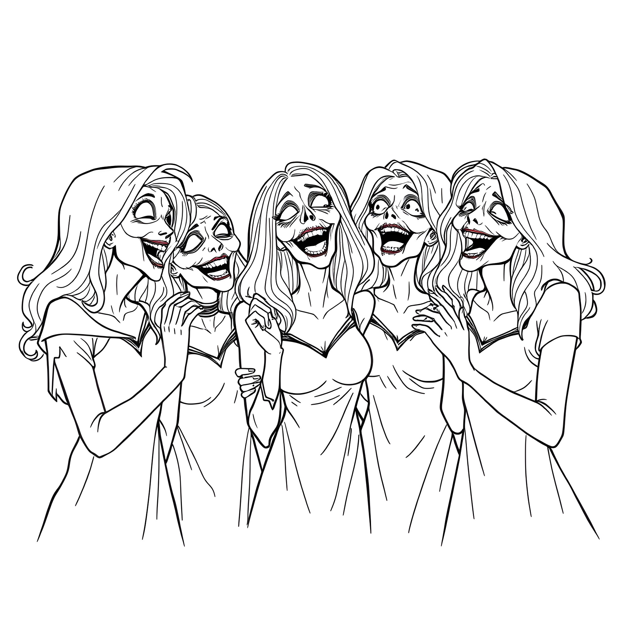 Ghoul sisters enjoying a mischievous moment Coloring Page (free black-and-white line drawing printable PDF for all, from beginners to advanced learners, including children, teens, adults, and seniors)