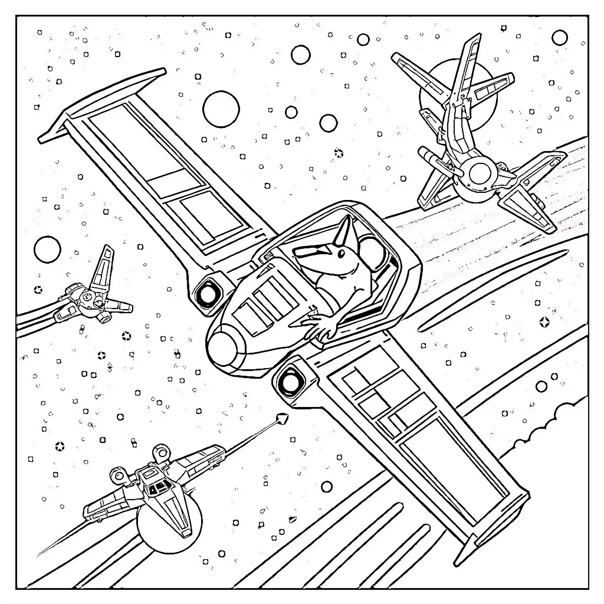 Gecko Piloting Futuristic Spacecraft in Outer Space Coloring Page (free black-and-white line drawing printable PDF for all, from beginners to advanced learners, including children, teens, adults, and seniors)