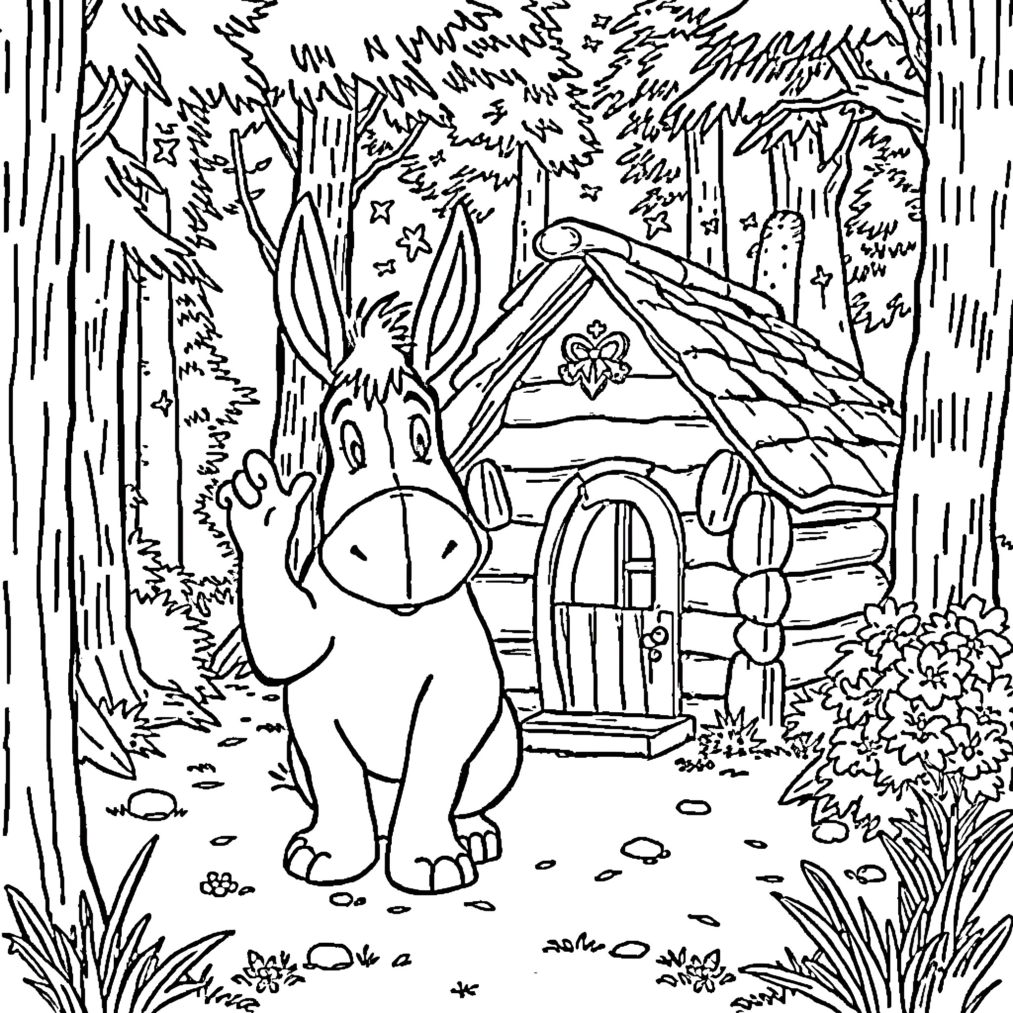 Eeyore sitting alone outside a cozy cottage in the woods Coloring Page (free black-and-white line drawing printable PDF for all, from beginners to advanced learners, including children, teens, adults, and seniors)