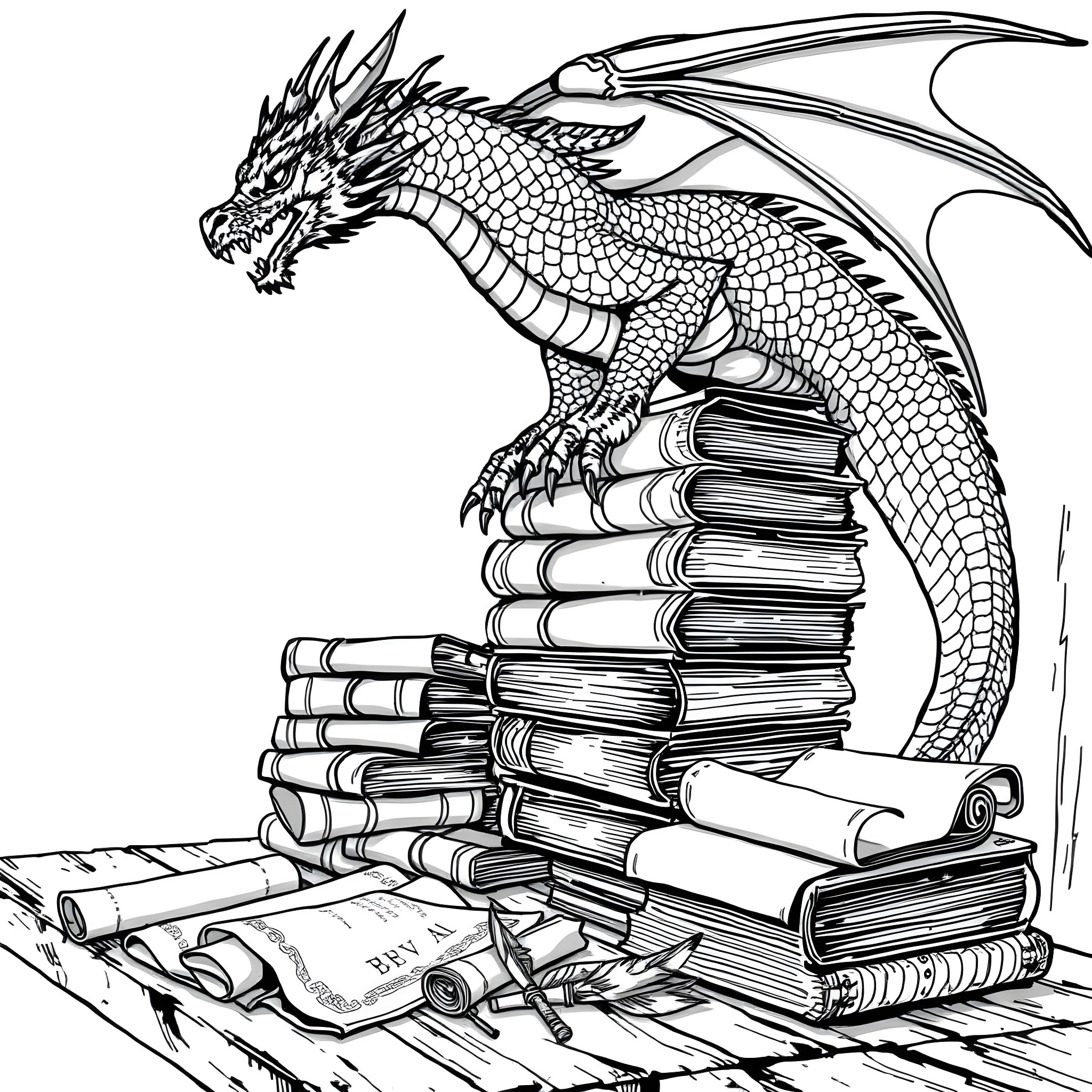 Dragon guarding a pile of books and scrolls Coloring Page (free black-and-white line drawing printable PDF for all, from beginners to advanced learners, including children, teens, adults, and seniors)