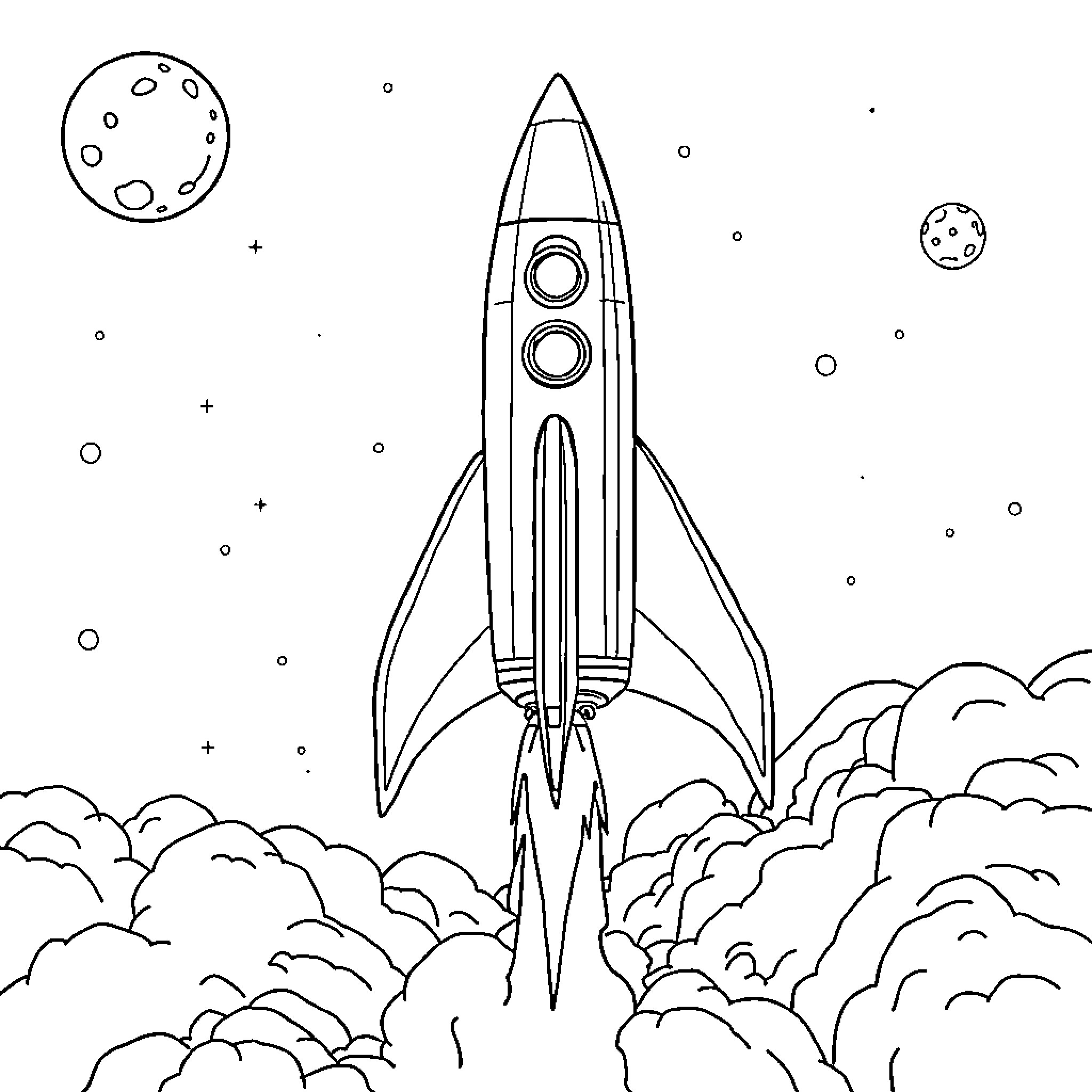 Starship launching into the cosmic expanse Coloring Page (free black-and-white line drawing printable PDF for all, from beginners to advanced learners, including children, teens, adults, and seniors)