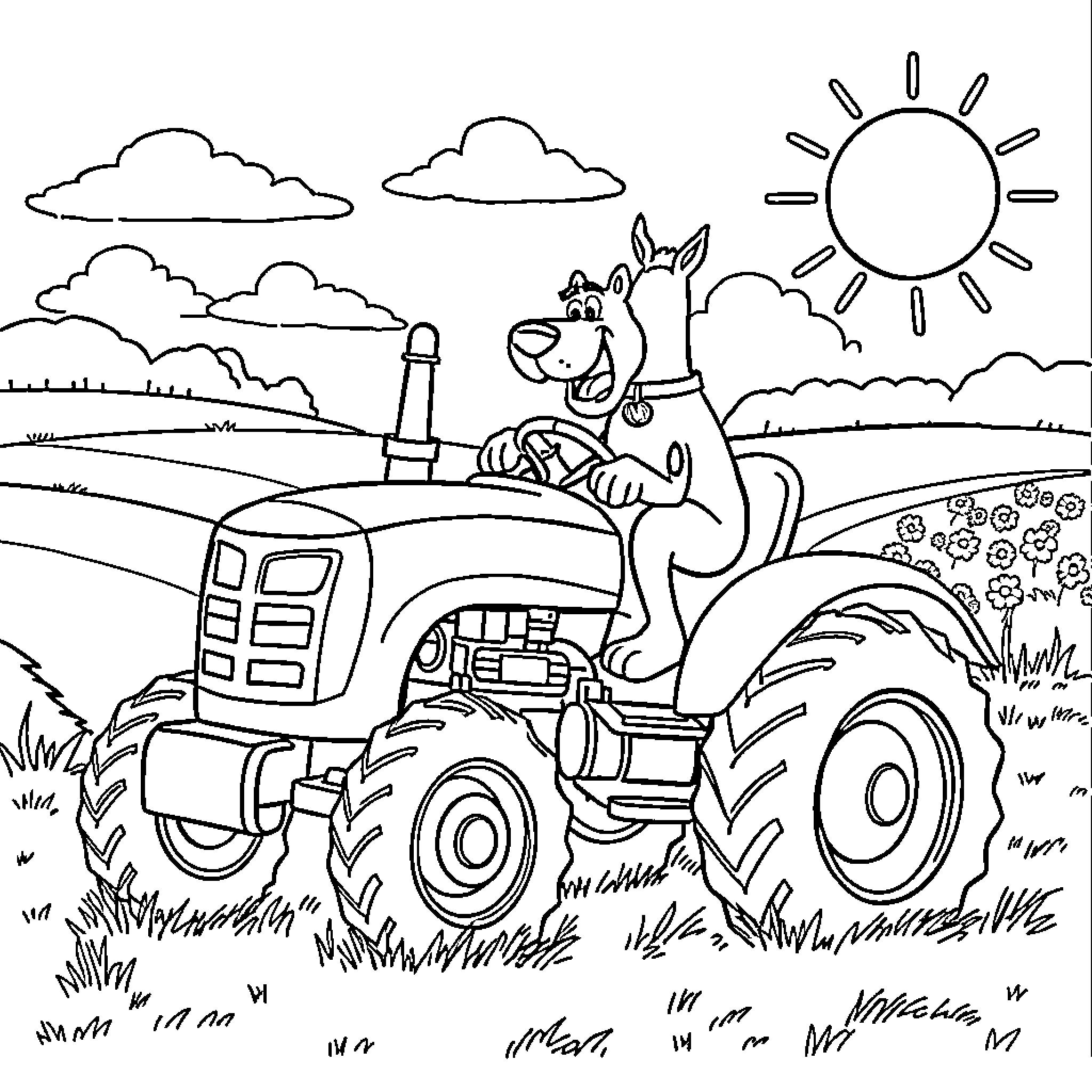 Scooby Doo driving a tractor in a countryside scene Coloring Page (free black-and-white line drawing printable PDF for all, from beginners to advanced learners, including children, teens, adults, and seniors)