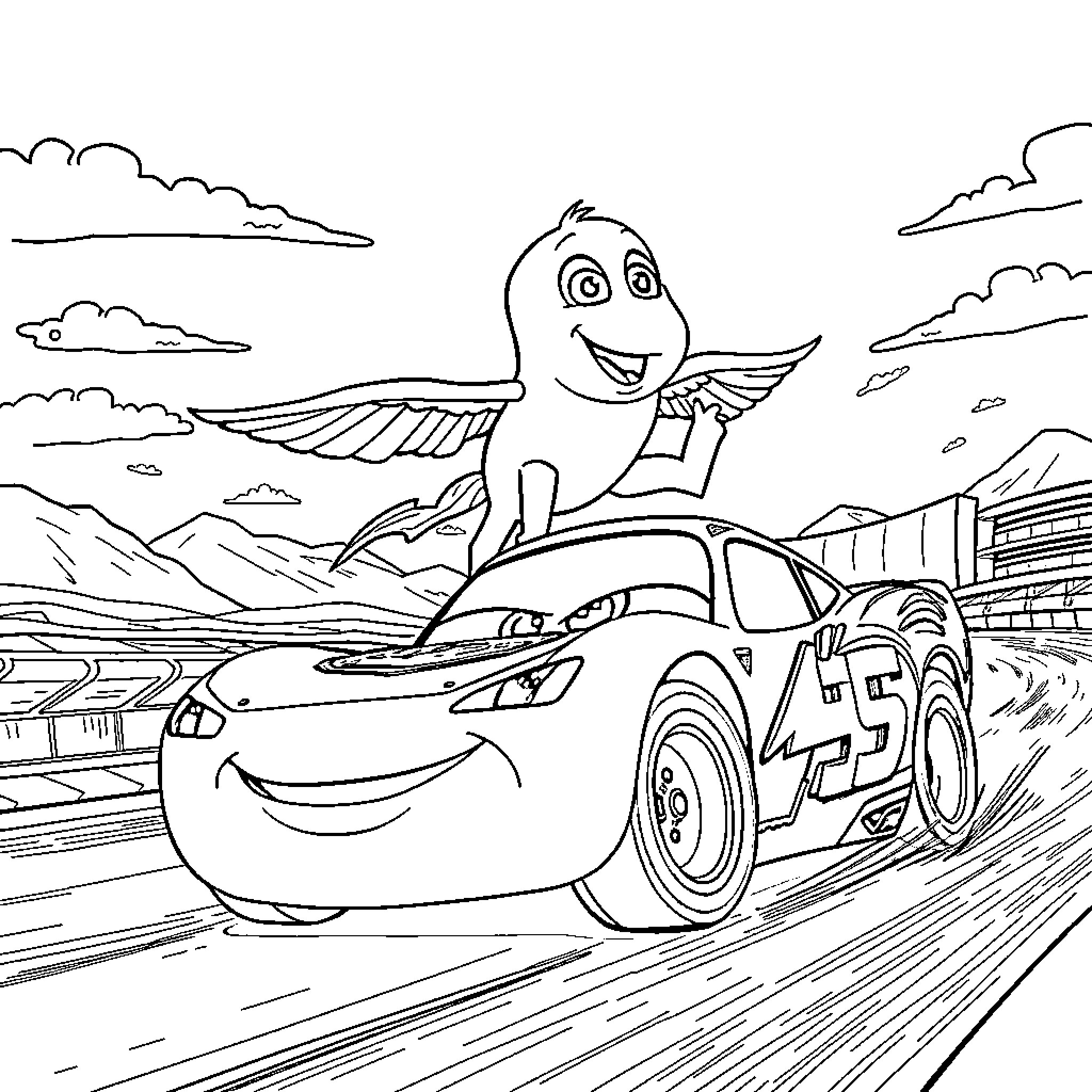 Wingo's Racetrack Adventure Coloring Page (free black-and-white line drawing printable PDF for all, from beginners to advanced learners, including children, teens, adults, and seniors)