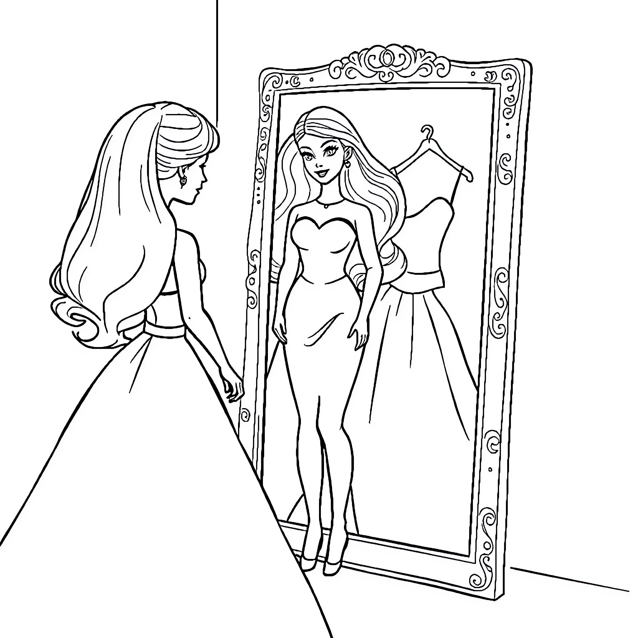 Barbie trying on a new dress in the mirror Coloring Page (free black-and-white line drawing printable PDF for all, from beginners to advanced learners, including children, teens, adults, and seniors)