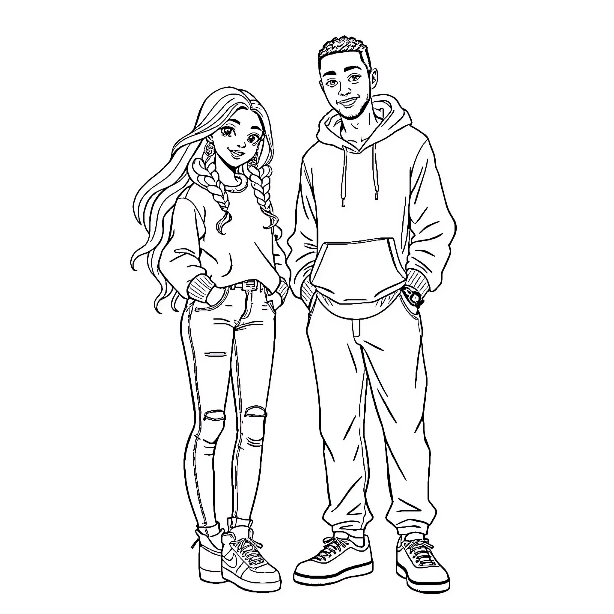 Character with hoodie and casual outfit posing with female companion Coloring Page (free black-and-white line drawing printable PDF for all, from beginners to advanced learners, including children, teens, adults, and seniors)