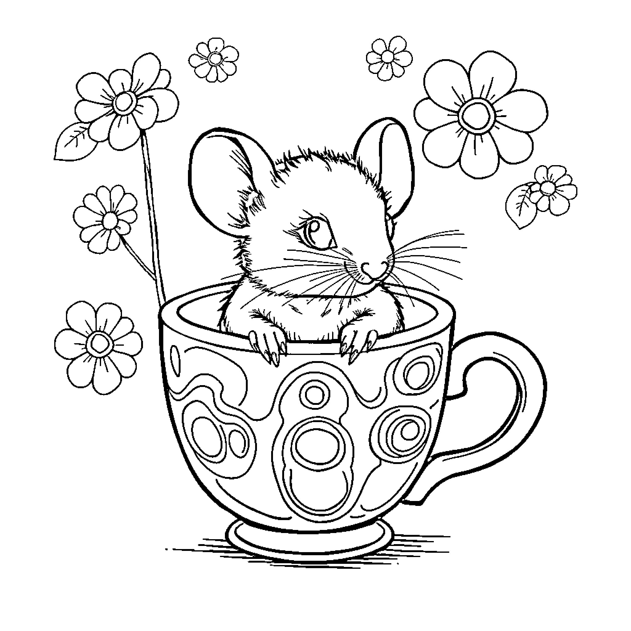Mouse in a decorative cup with flowers Coloring Page (free black-and-white line drawing printable PDF for all, from beginners to advanced learners, including children, teens, adults, and seniors)