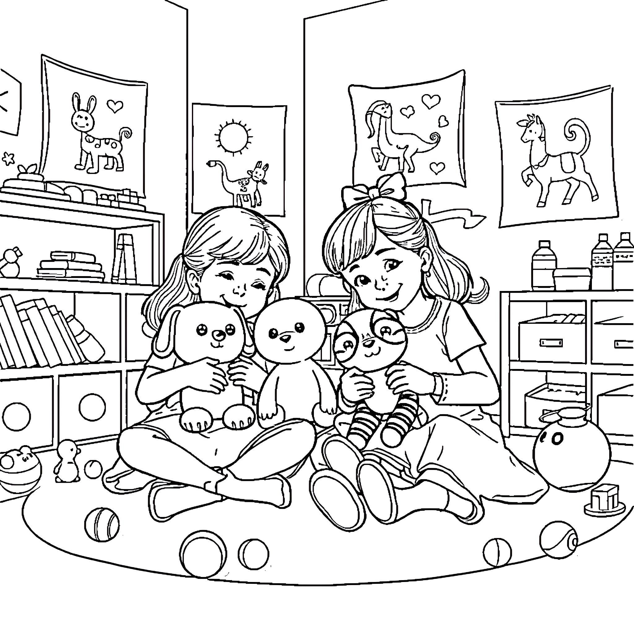 Bluey's Playful Day with Friends Coloring Page (free black-and-white line drawing printable PDF for all, from beginners to advanced learners, including children, teens, adults, and seniors)