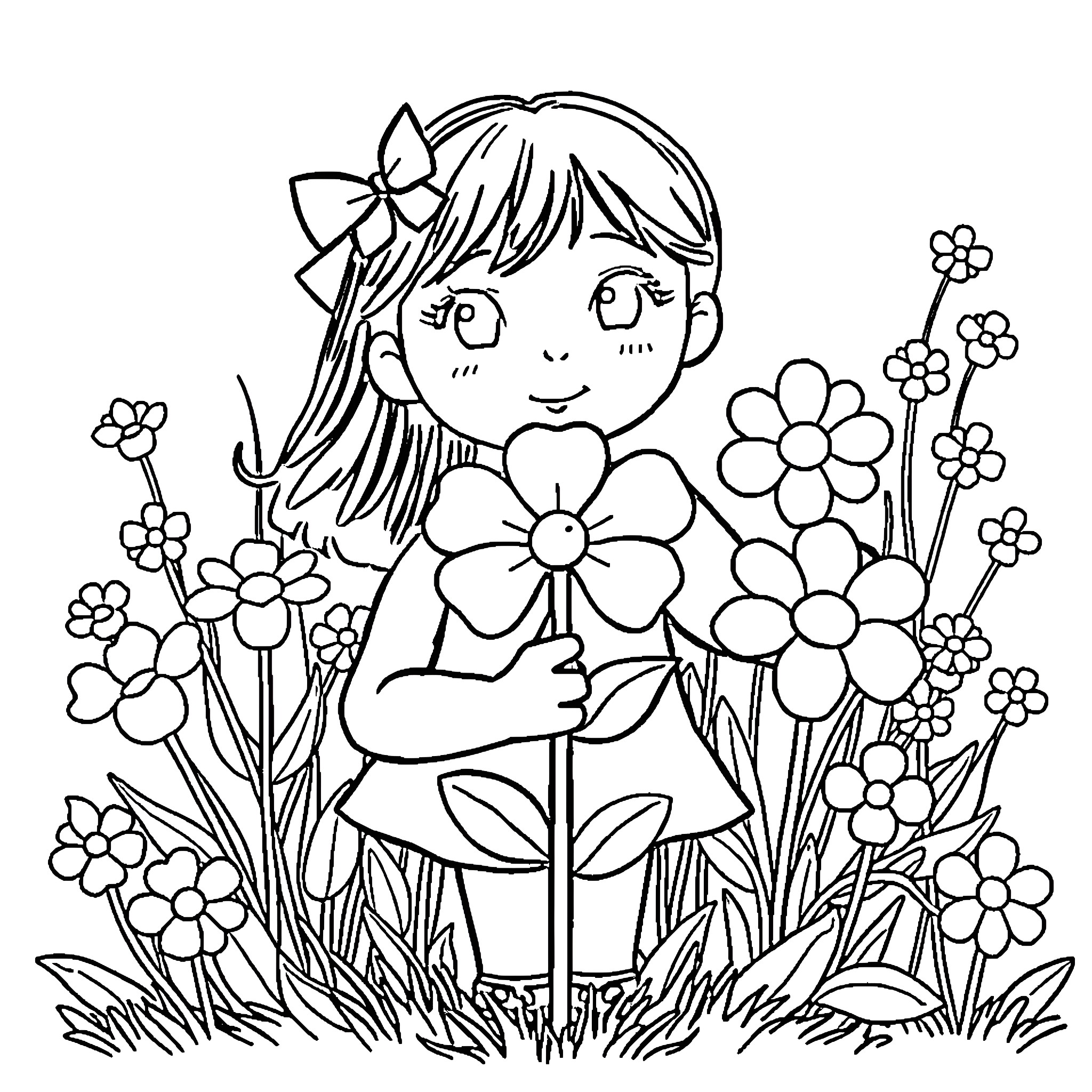 Girlguiding Trefoil Girl Enjoying Flowers in Garden Coloring Page (free black-and-white line drawing printable PDF for all, from beginners to advanced learners, including children, teens, adults, and seniors)