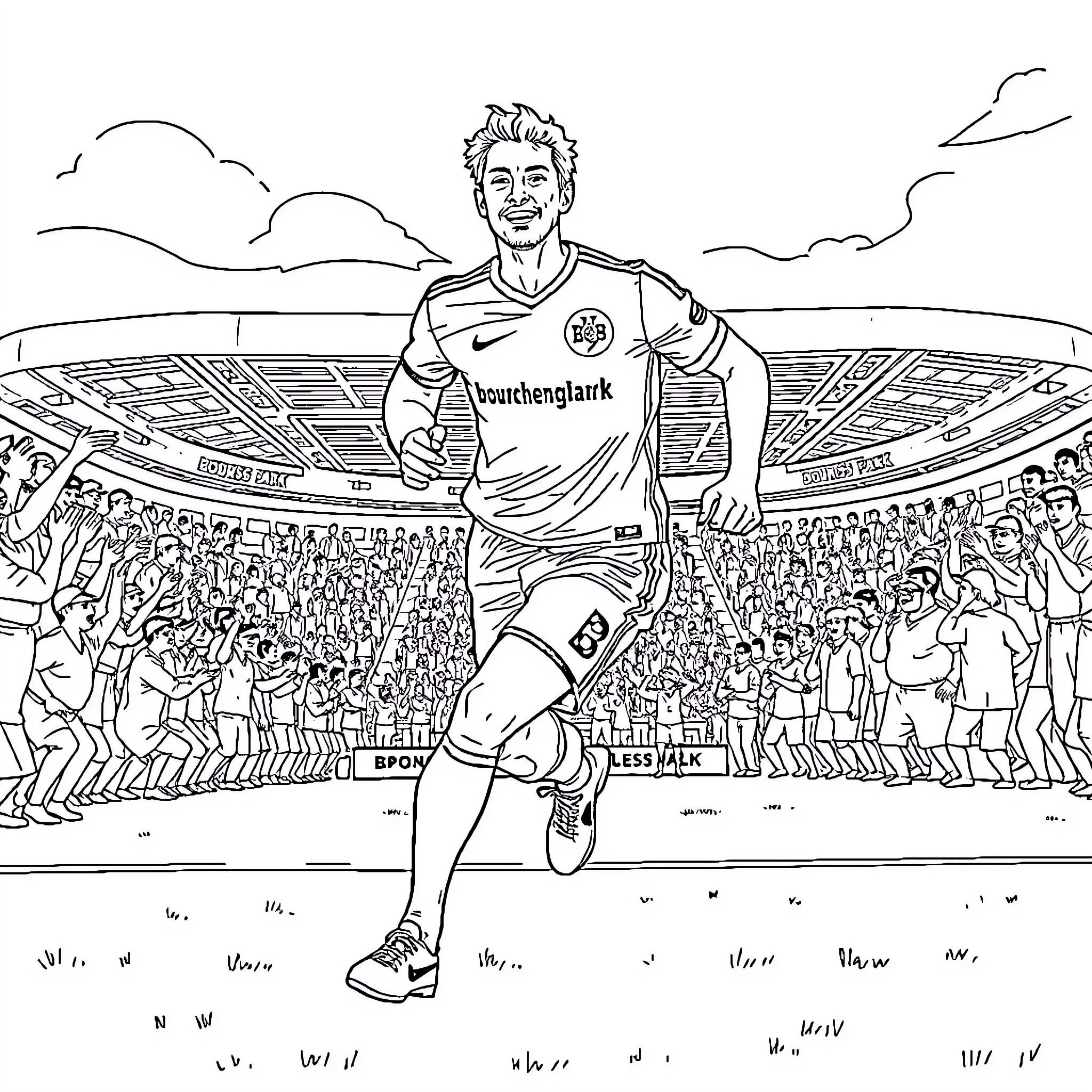 Player celebrating after scoring goal on field Coloring Page (free black-and-white line drawing printable PDF for all, from beginners to advanced learners, including children, teens, adults, and seniors)
