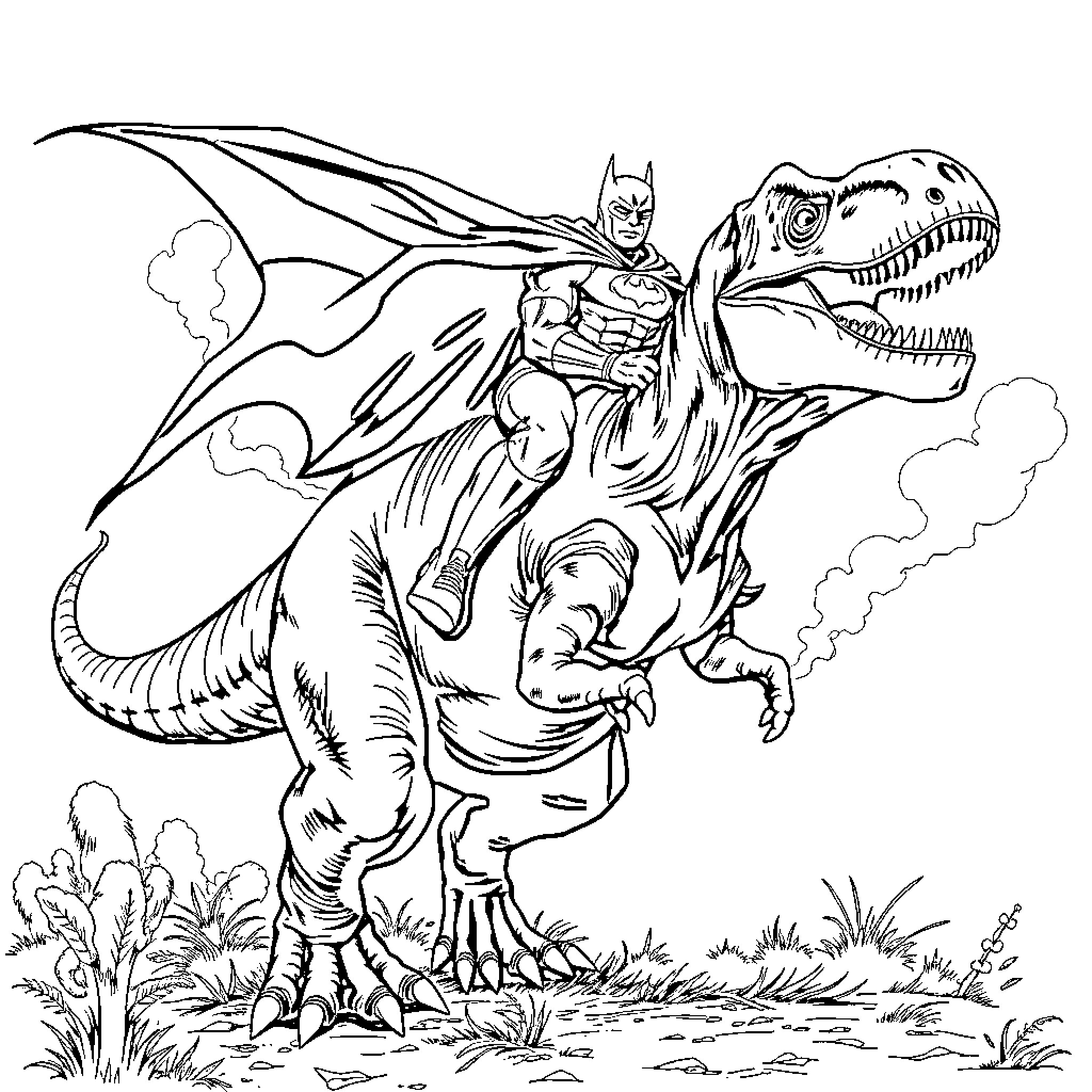 Batman riding a powerful dinosaur in a dramatic scene Coloring Page (free black-and-white line drawing printable PDF for all, from beginners to advanced learners, including children, teens, adults, and seniors)