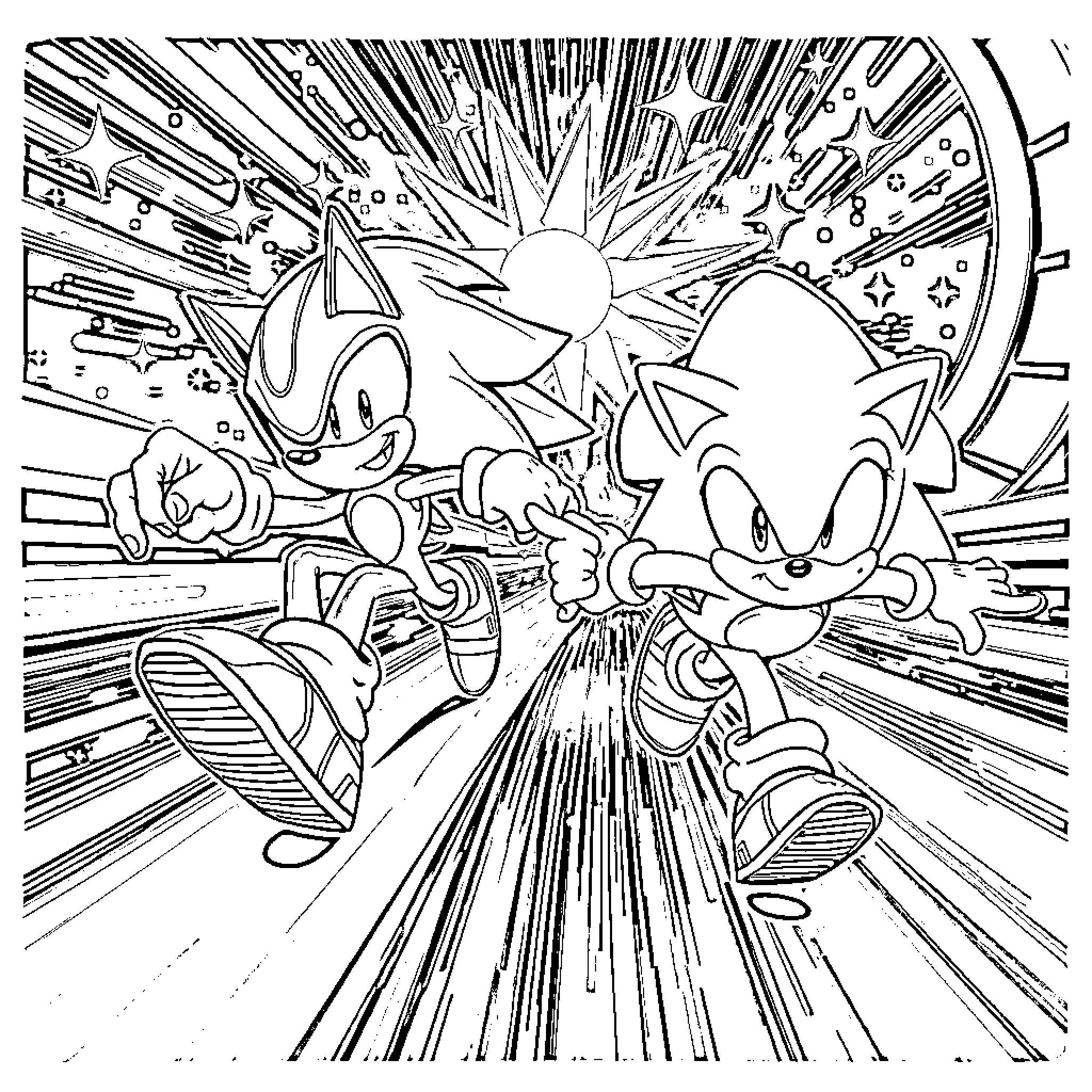 Sonic and friends in high-speed action Coloring Page (free black-and-white line drawing printable PDF for all, from beginners to advanced learners, including children, teens, adults, and seniors)