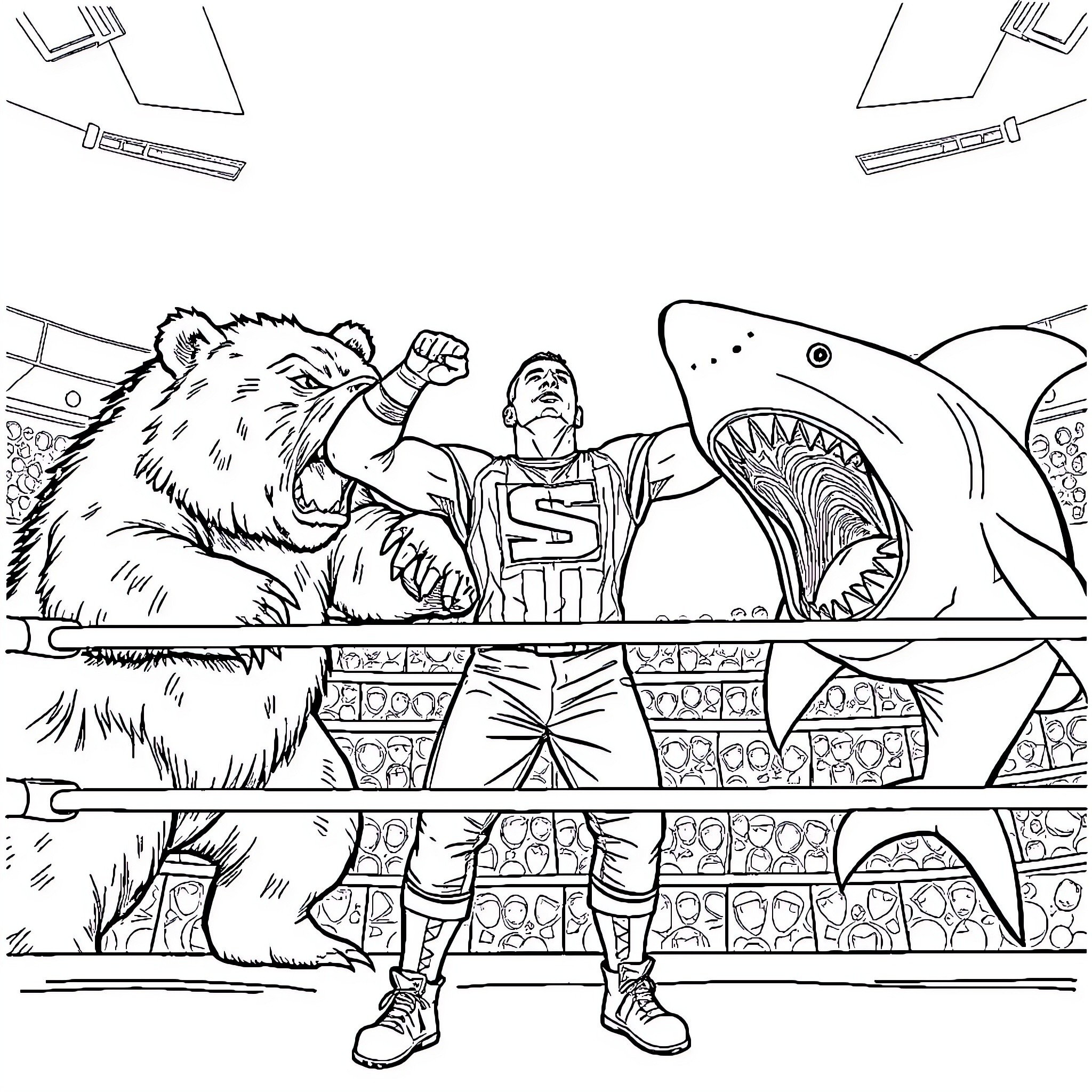John Cena battling a giant bear and shark in a wrestling ring Coloring Page (free black-and-white line drawing printable PDF for all, from beginners to advanced learners, including children, teens, adults, and seniors)