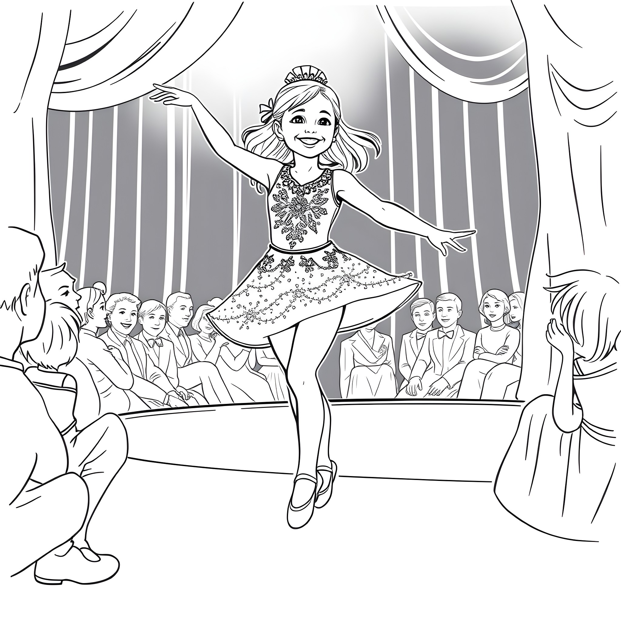 Girl performing on stage in a dance recital Coloring Page (free black-and-white line drawing printable PDF for all, from beginners to advanced learners, including children, teens, adults, and seniors)