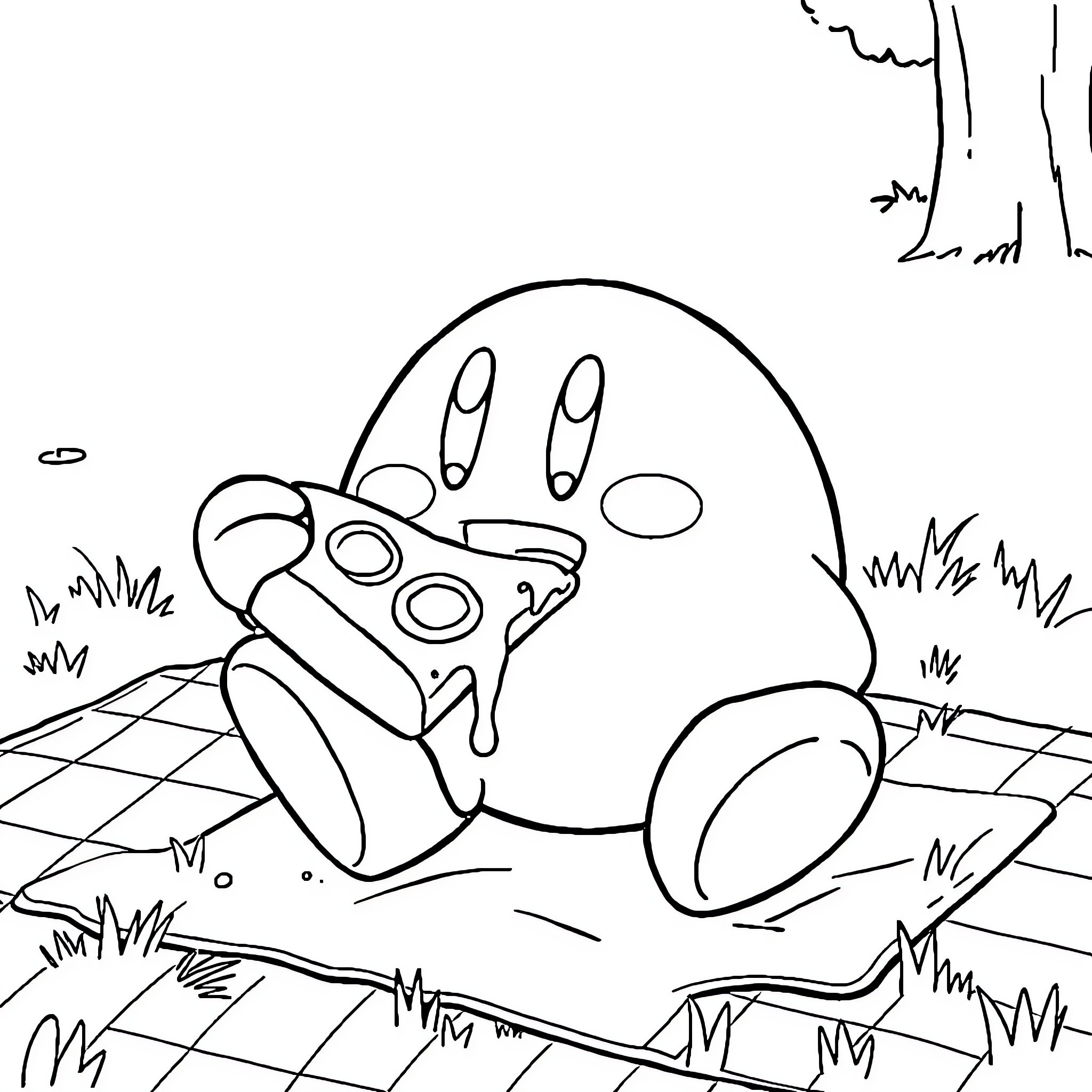 Kirby relaxing in the grassy landscape Coloring Page (free black-and-white line drawing printable PDF for all, from beginners to advanced learners, including children, teens, adults, and seniors)