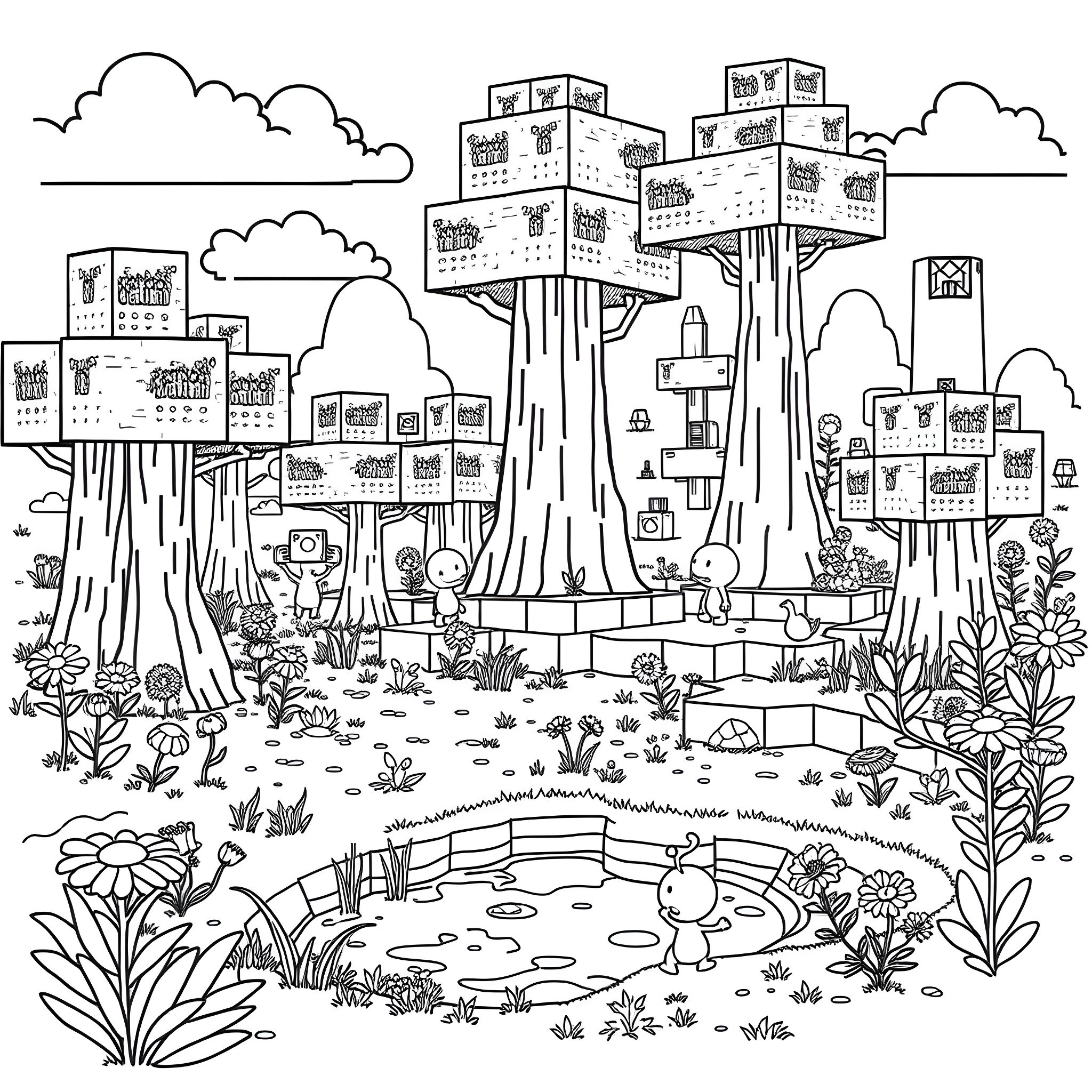 Pikmin exploring a whimsical forest landscape Coloring Page (free black-and-white line drawing printable PDF for all, from beginners to advanced learners, including children, teens, adults, and seniors)