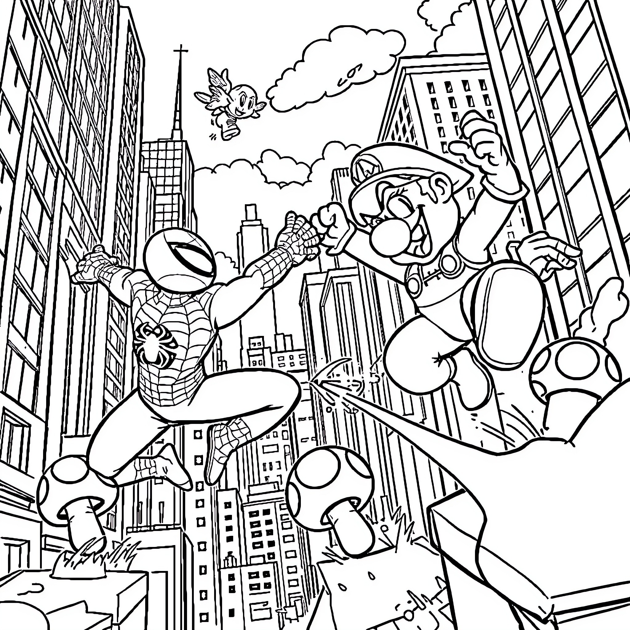 Spiderman and Mario Heroically Saving the City Coloring Page (free black-and-white line drawing printable PDF for all, from beginners to advanced learners, including children, teens, adults, and seniors)