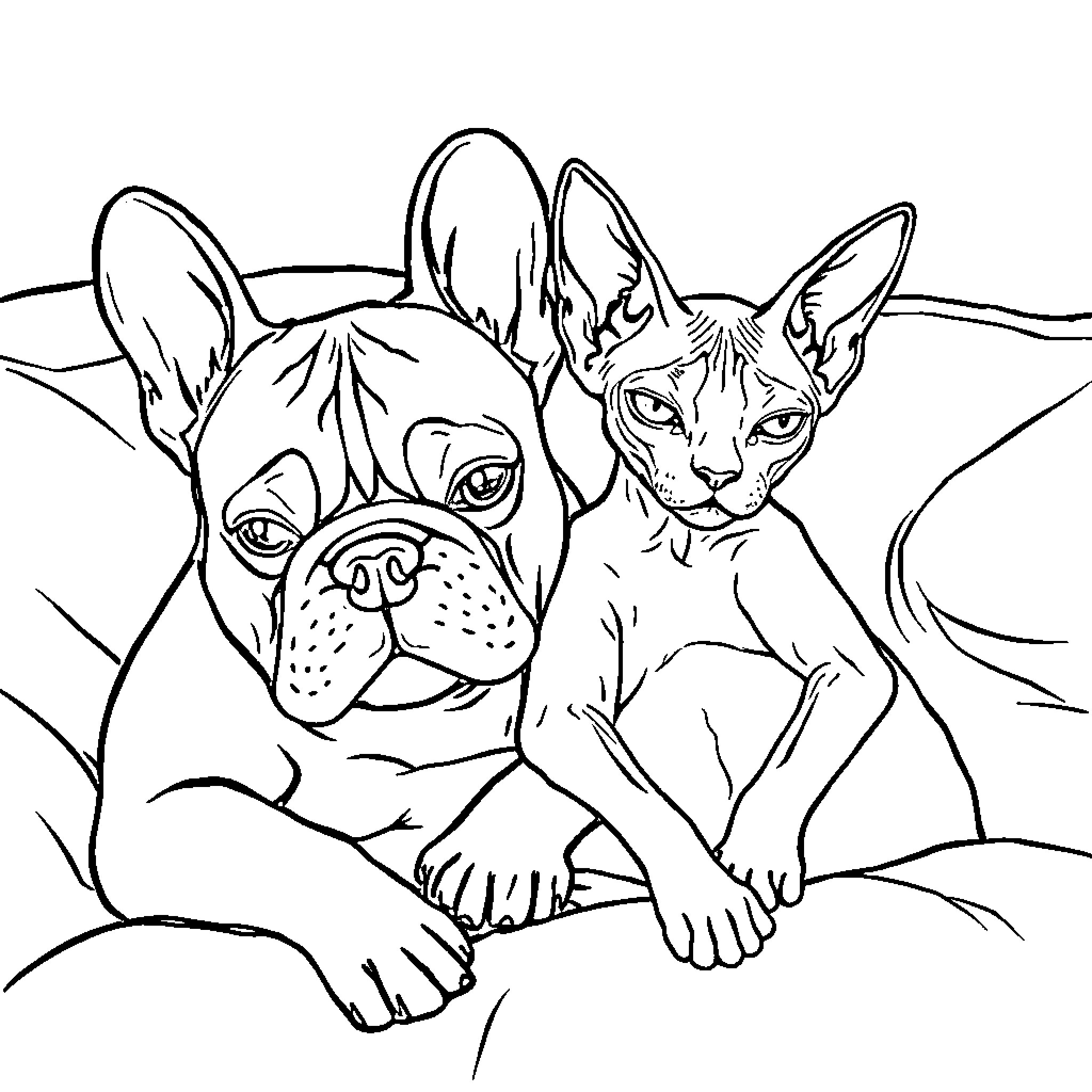 Dog and Cat Resting Together Coloring Page (free black-and-white line drawing printable PDF for all, from beginners to advanced learners, including children, teens, adults, and seniors)