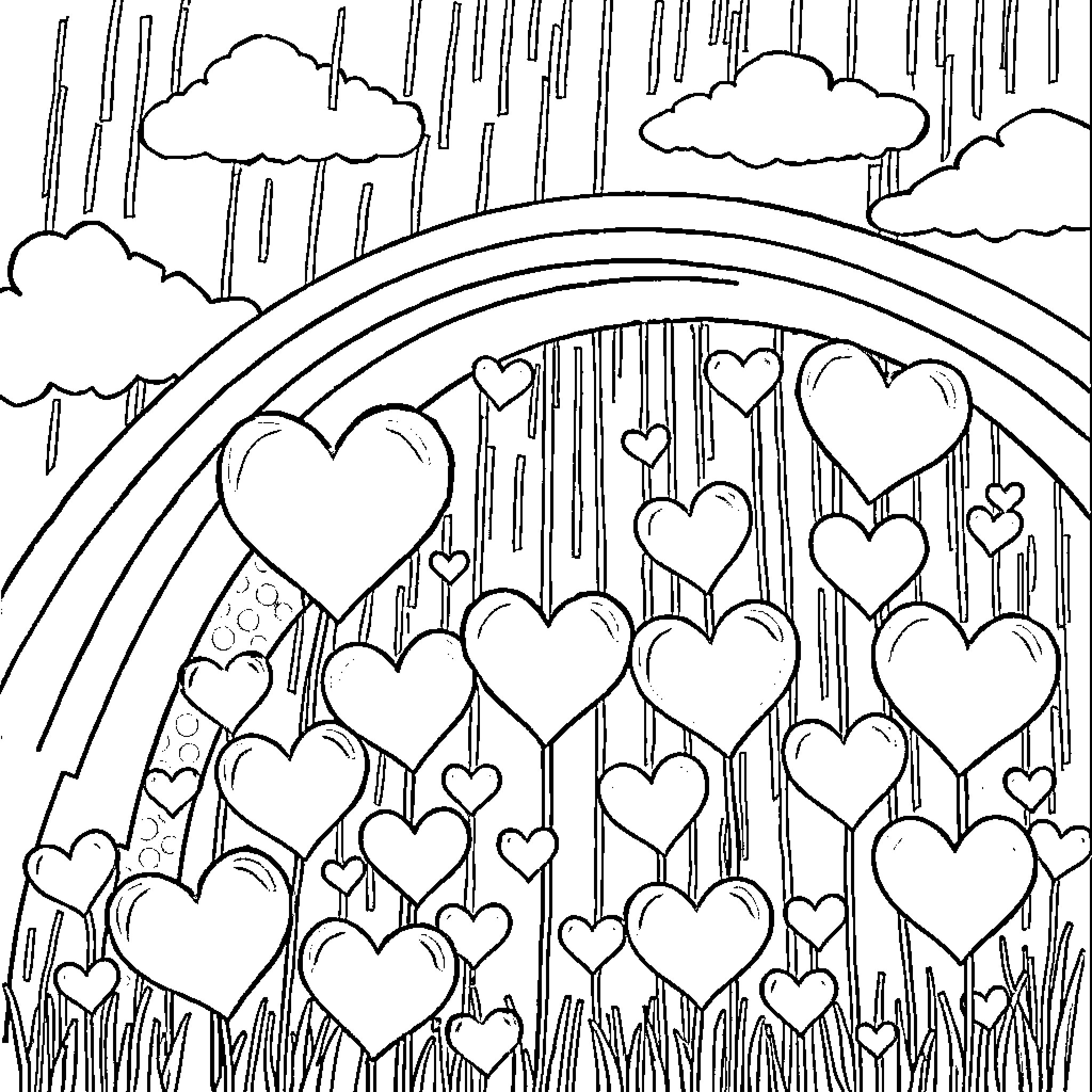Heart-Shaped Raindrops Falling Under a Rainbow Coloring Page (free black-and-white line drawing printable PDF for all, from beginners to advanced learners, including children, teens, adults, and seniors)