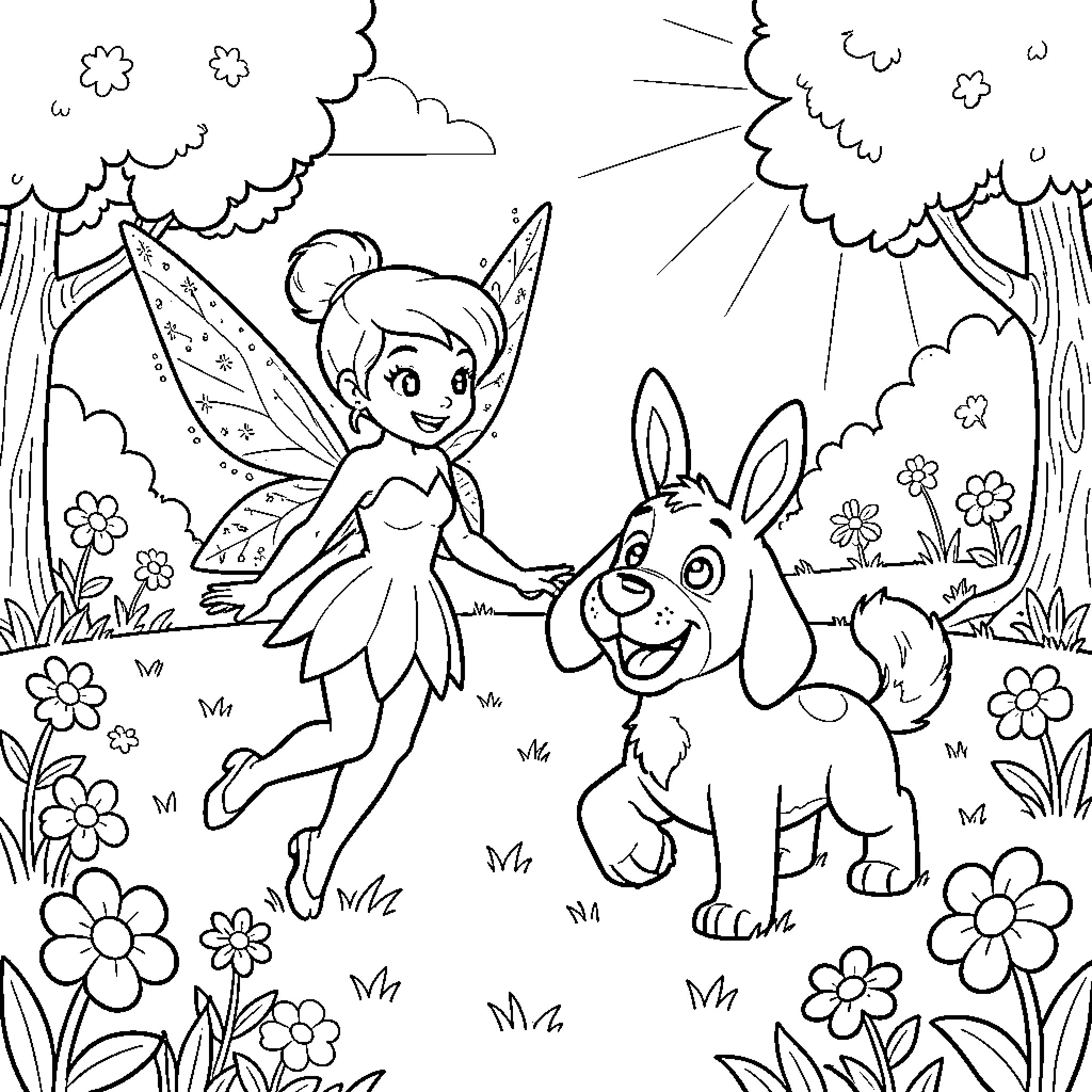 Tinkerbell playing with a joyful rabbit in a magical forest Coloring Page (free black-and-white line drawing printable PDF for all, from beginners to advanced learners, including children, teens, adults, and seniors)