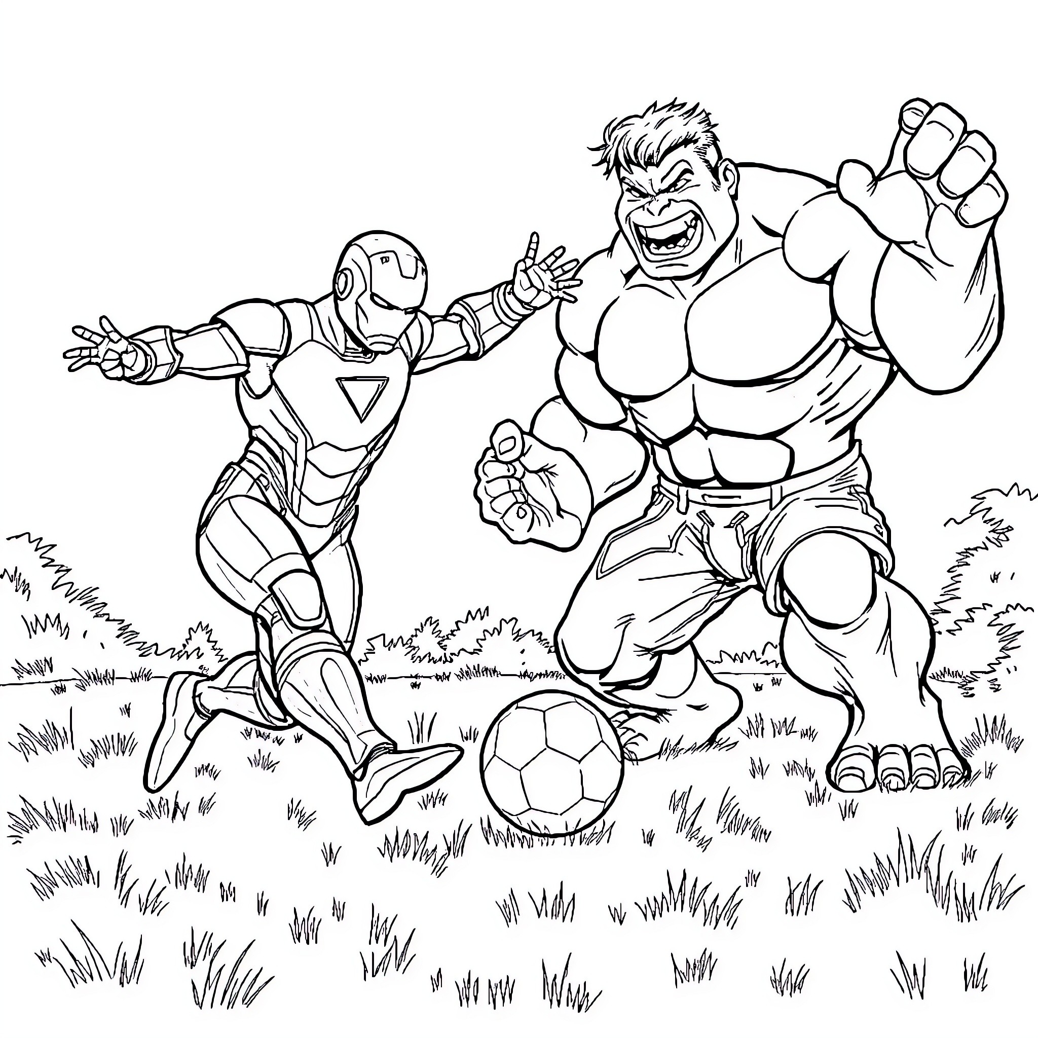 Iron Man battling a powerful foe in an outdoor setting Coloring Page (free black-and-white line drawing printable PDF for all, from beginners to advanced learners, including children, teens, adults, and seniors)