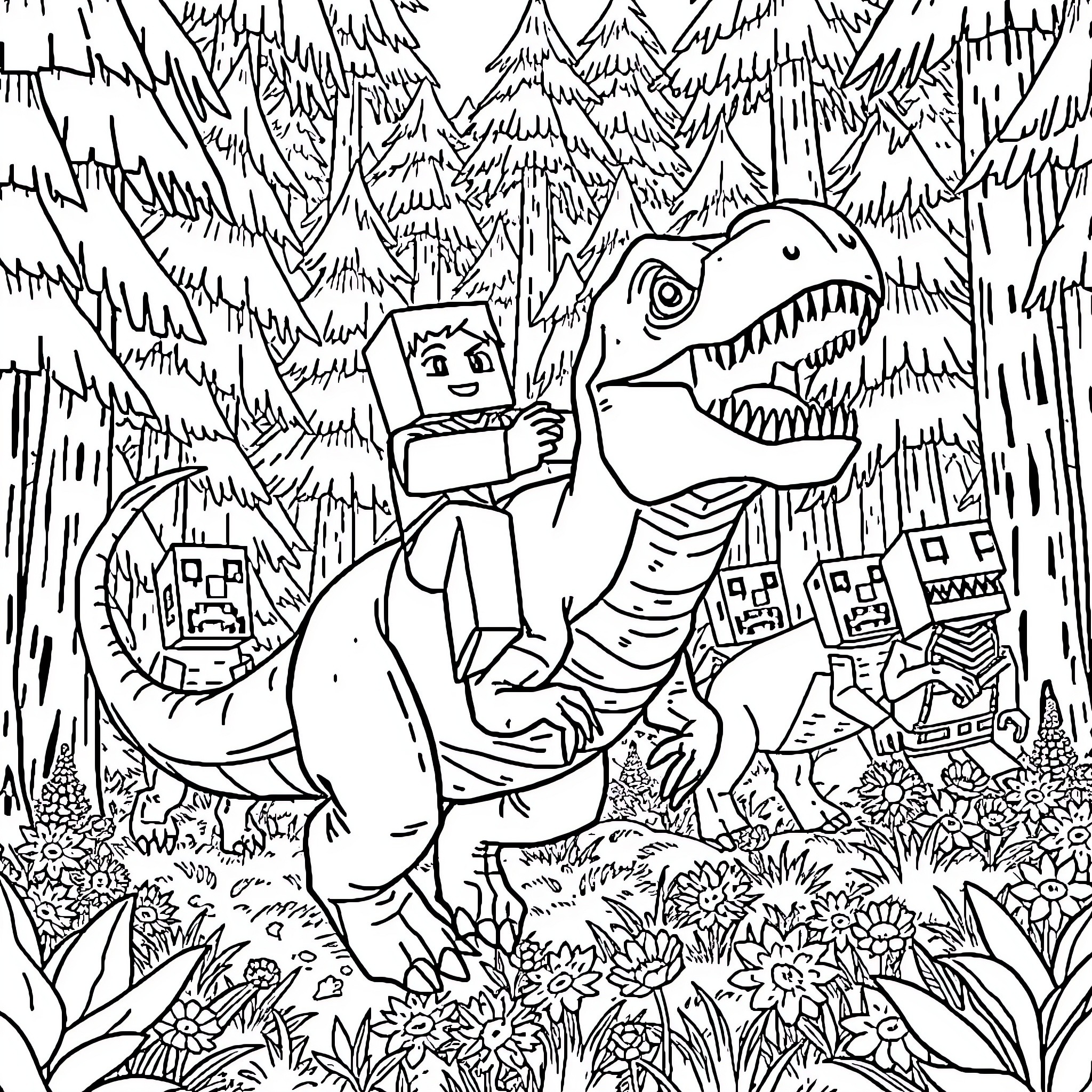 Steve's Adventure in the Dinosaur-Filled Forest Coloring Page (free black-and-white line drawing printable PDF for all, from beginners to advanced learners, including children, teens, adults, and seniors)