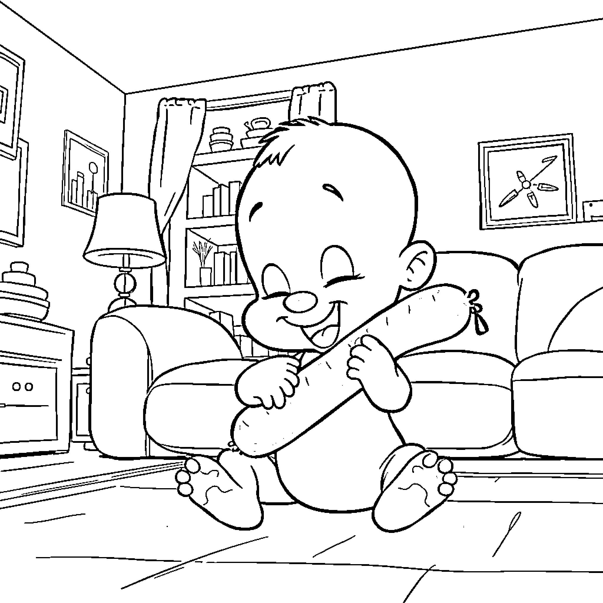 Stewie relaxing comfortably at home Coloring Page (free black-and-white line drawing printable PDF for all, from beginners to advanced learners, including children, teens, adults, and seniors)