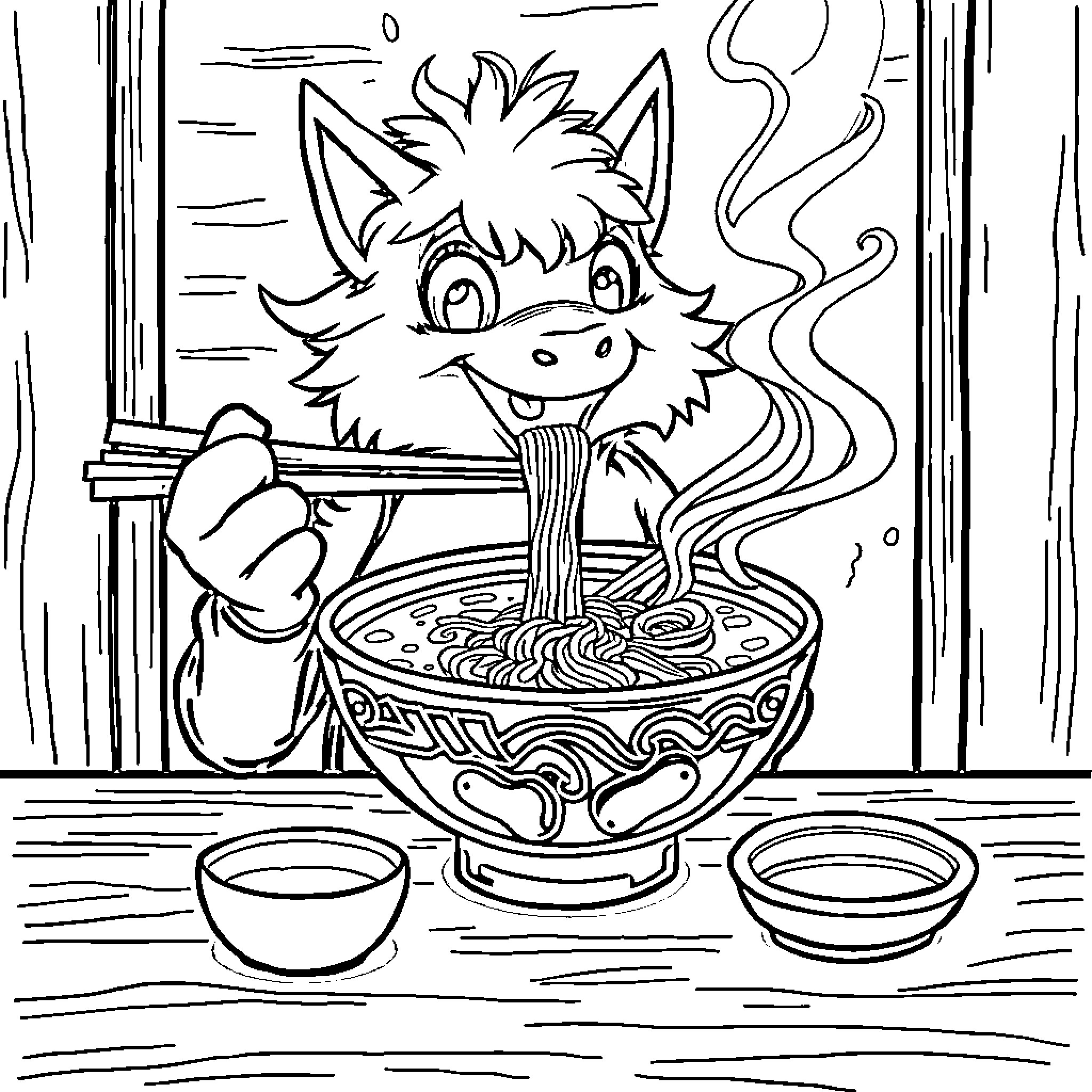 Huntrix Enjoys a Hearty Meal Coloring Page (free black-and-white line drawing printable PDF for all, from beginners to advanced learners, including children, teens, adults, and seniors)