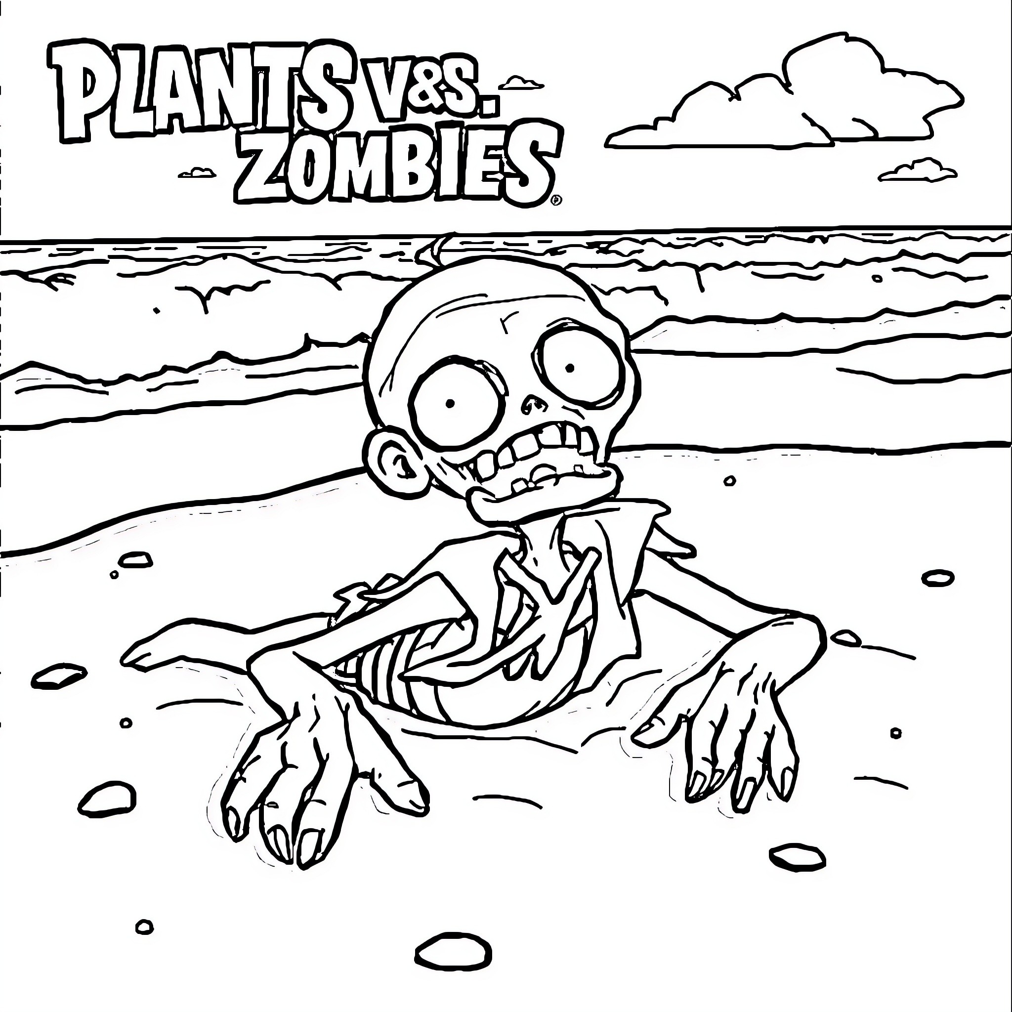 Zombie emerges from the sea in Plants vs Zombies Coloring Page (free black-and-white line drawing printable PDF for all, from beginners to advanced learners, including children, teens, adults, and seniors)