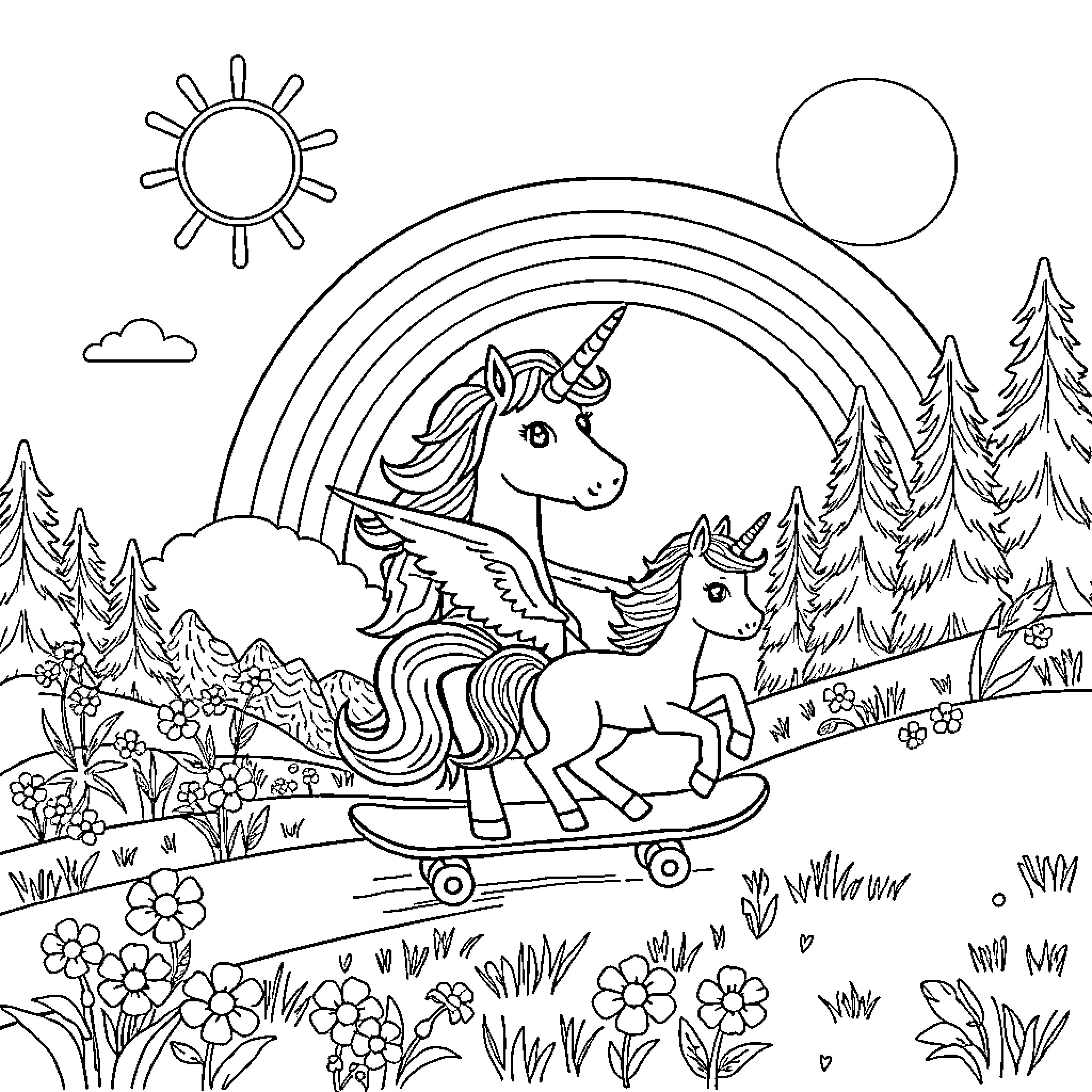 Unicorns Riding Skateboards in a Magical Forest Coloring Page (free black-and-white line drawing printable PDF for all, from beginners to advanced learners, including children, teens, adults, and seniors)