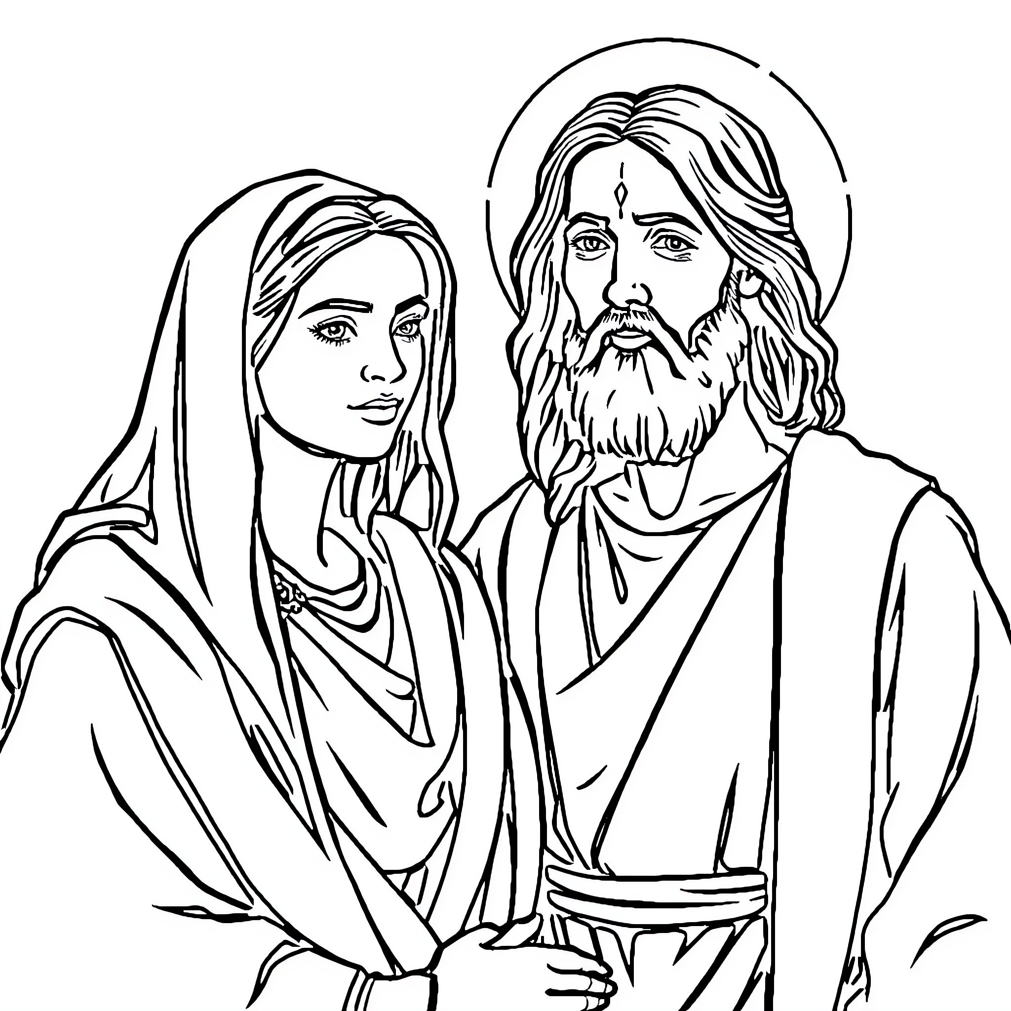 Jesus and companion in thoughtful conversation Coloring Page (free black-and-white line drawing printable PDF for all, from beginners to advanced learners, including children, teens, adults, and seniors)