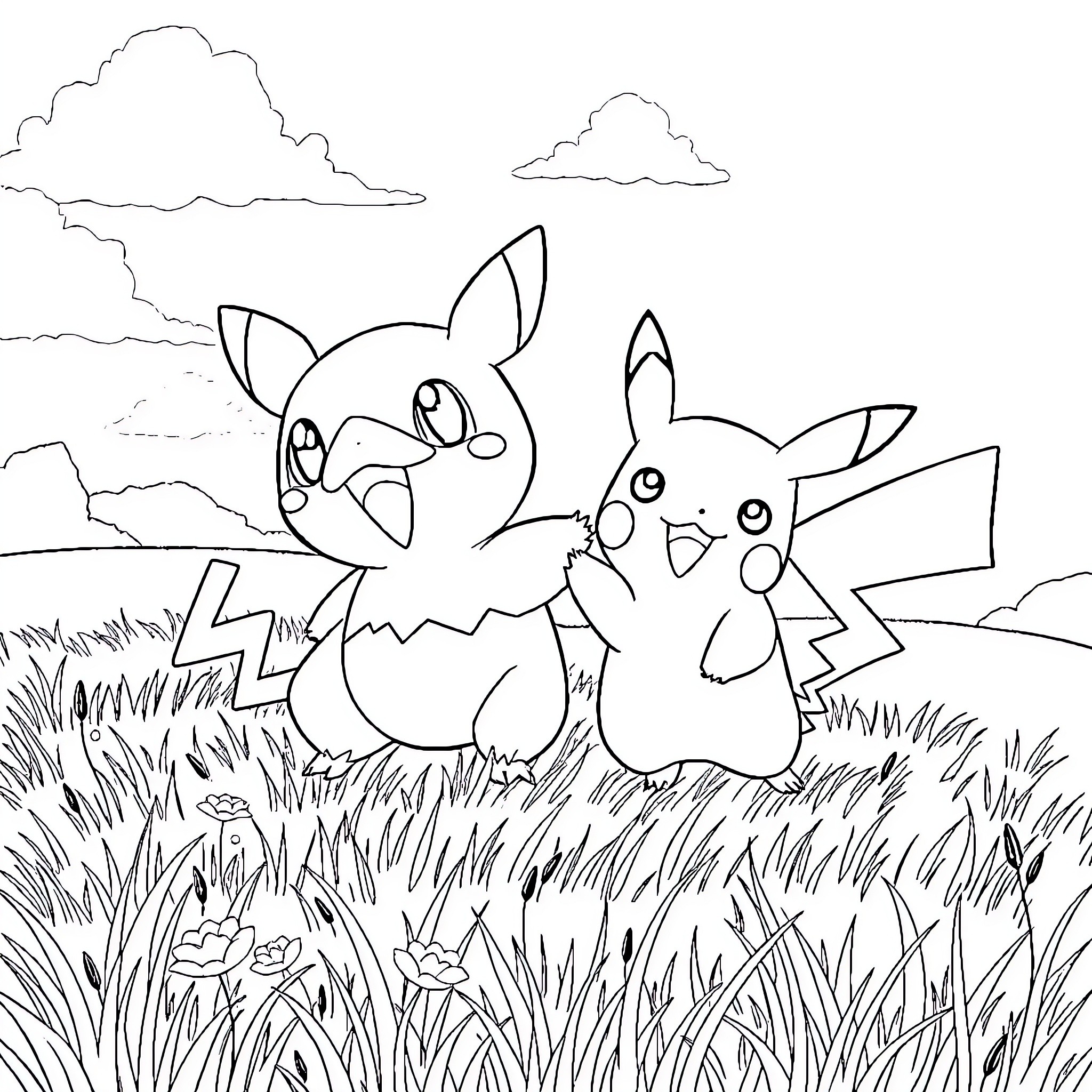 Pokémon enjoying a playful moment in nature Coloring Page (free black-and-white line drawing printable PDF for all, from beginners to advanced learners, including children, teens, adults, and seniors)