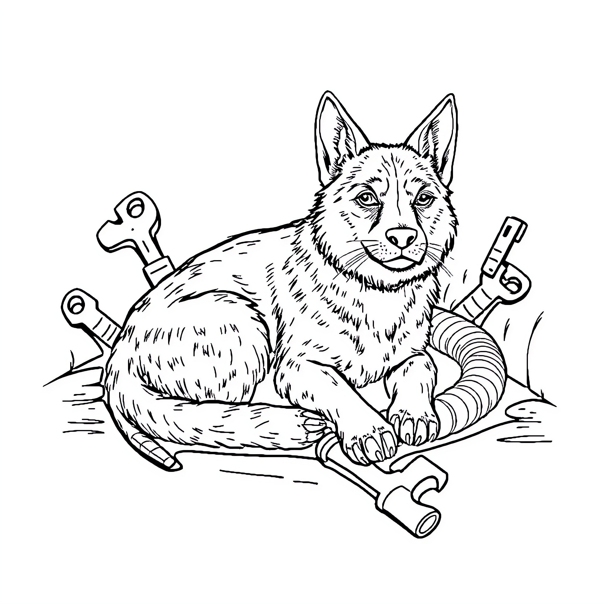 Dog surrounded by tools and mechanical parts Coloring Page (free black-and-white line drawing printable PDF for all, from beginners to advanced learners, including children, teens, adults, and seniors)