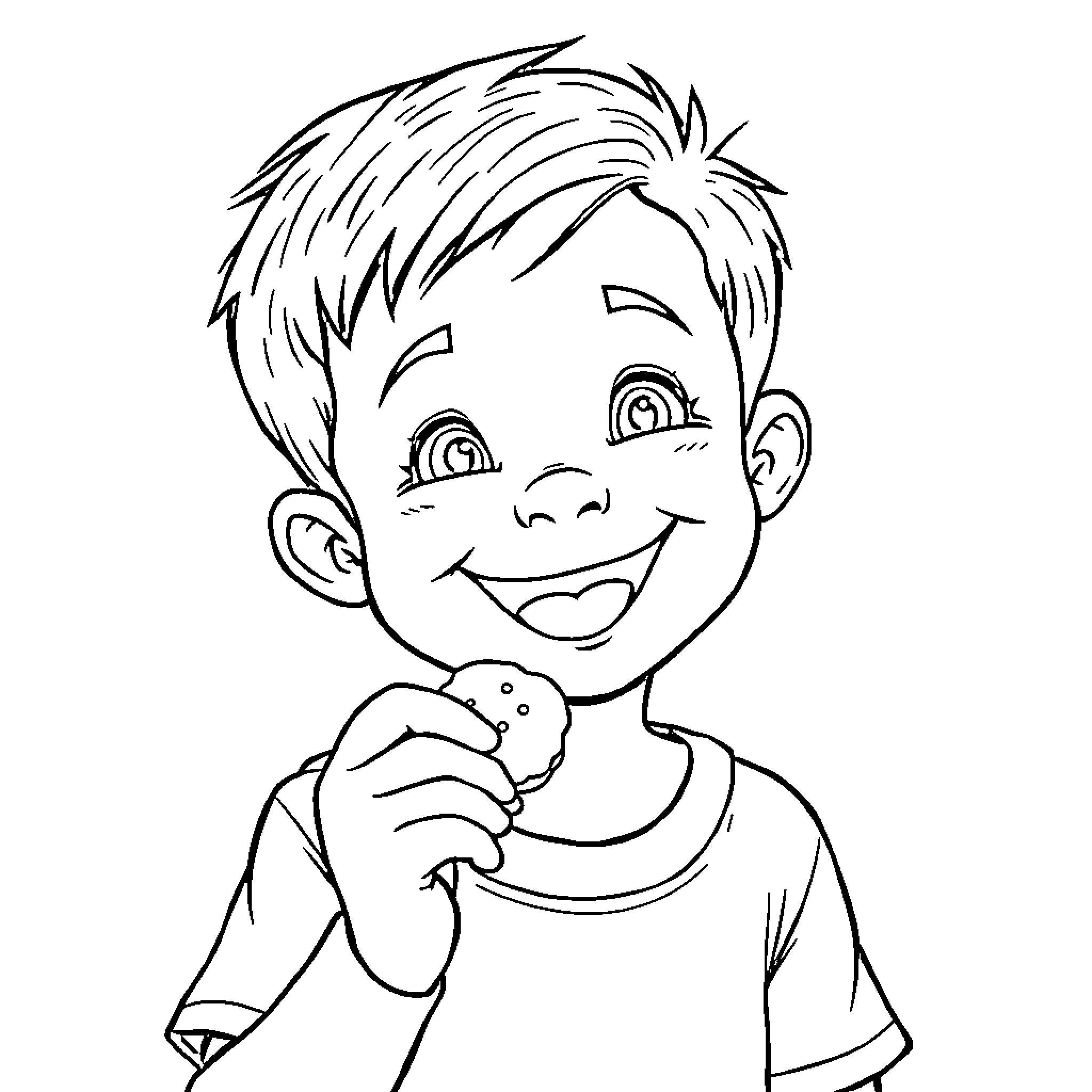 Boy happily holding a pet Coloring Page (free black-and-white line drawing printable PDF for all, from beginners to advanced learners, including children, teens, adults, and seniors)