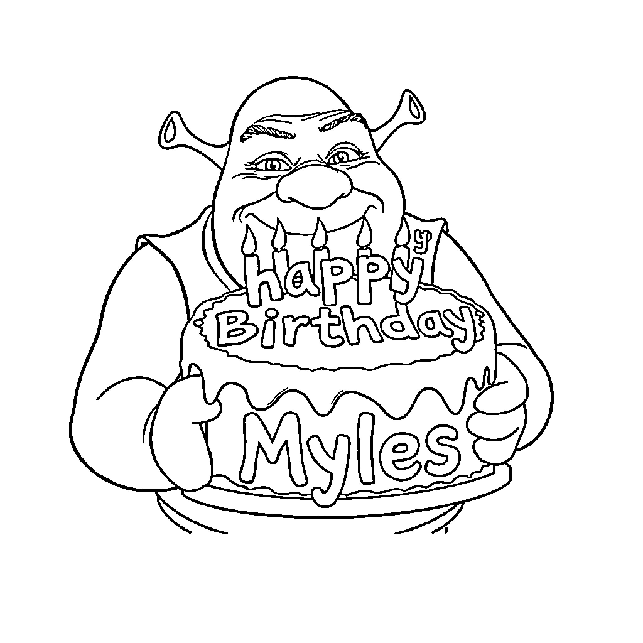 Shrek celebrating birthday with happy cake Coloring Page (free black-and-white line drawing printable PDF for all, from beginners to advanced learners, including children, teens, adults, and seniors)