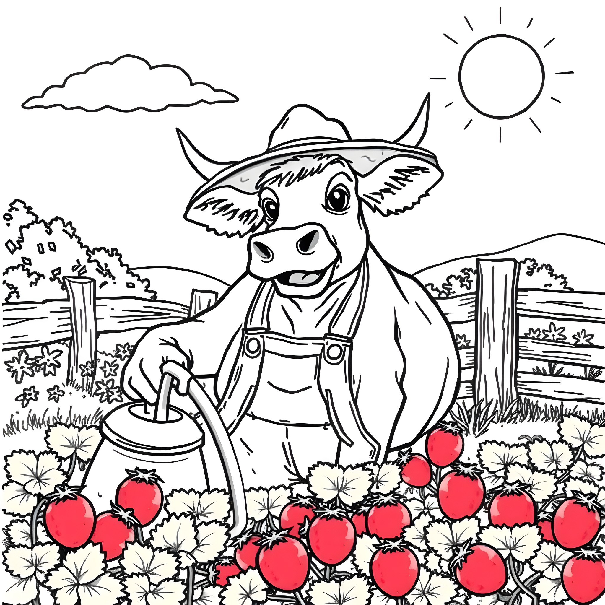 Highland Cow in Countryside Landscape Coloring Page (free black-and-white line drawing printable PDF for all, from beginners to advanced learners, including children, teens, adults, and seniors)