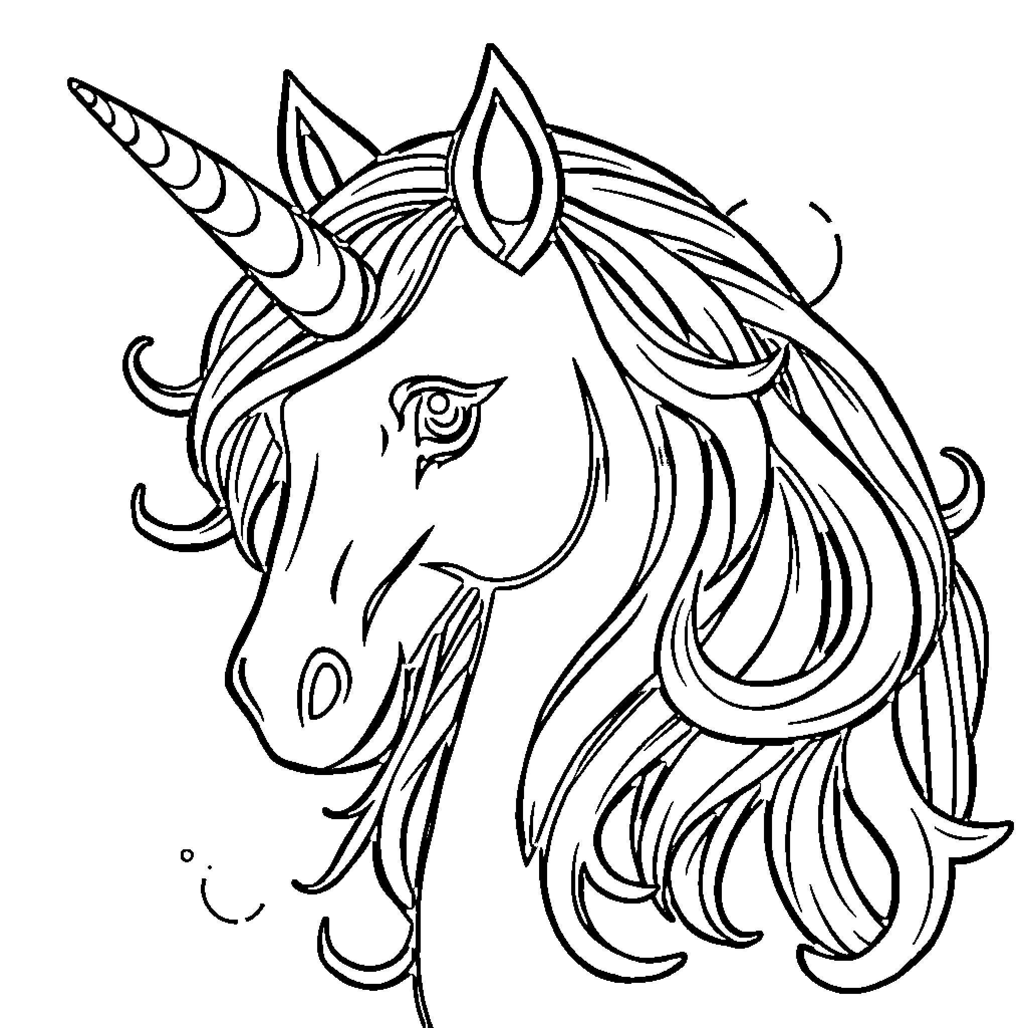 Unicorn with flowing mane and horn Coloring Page (free black-and-white line drawing printable PDF for all, from beginners to advanced learners, including children, teens, adults, and seniors)