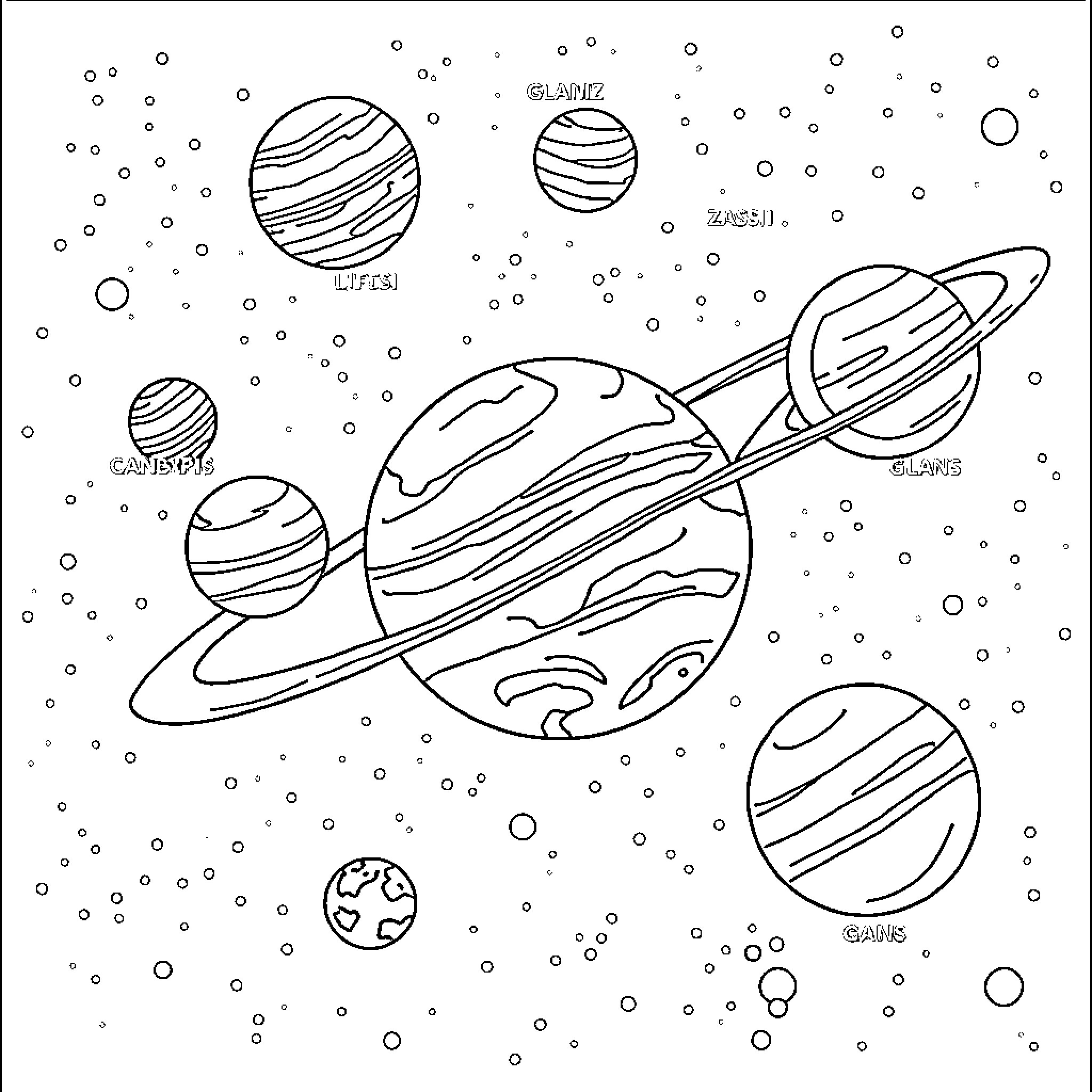Solar System with Diverse Celestial Objects Coloring Page (free black-and-white line drawing printable PDF for all, from beginners to advanced learners, including children, teens, adults, and seniors)
