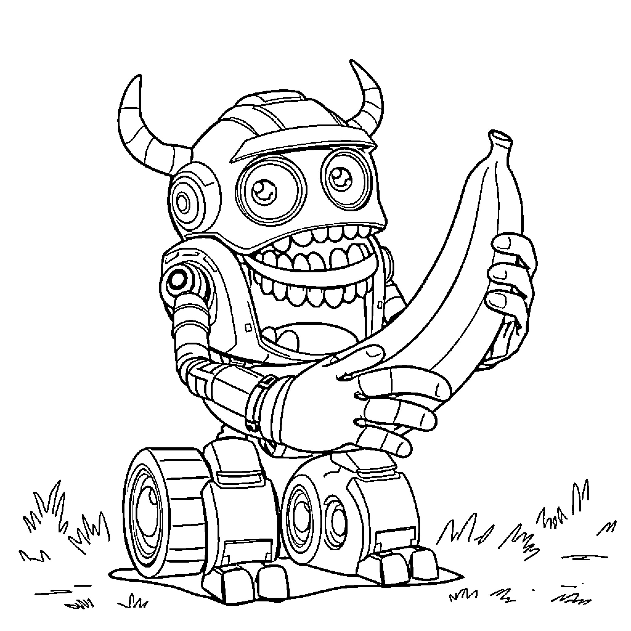 Blazer robot holding a banana in a field Coloring Page (free black-and-white line drawing printable PDF for all, from beginners to advanced learners, including children, teens, adults, and seniors)