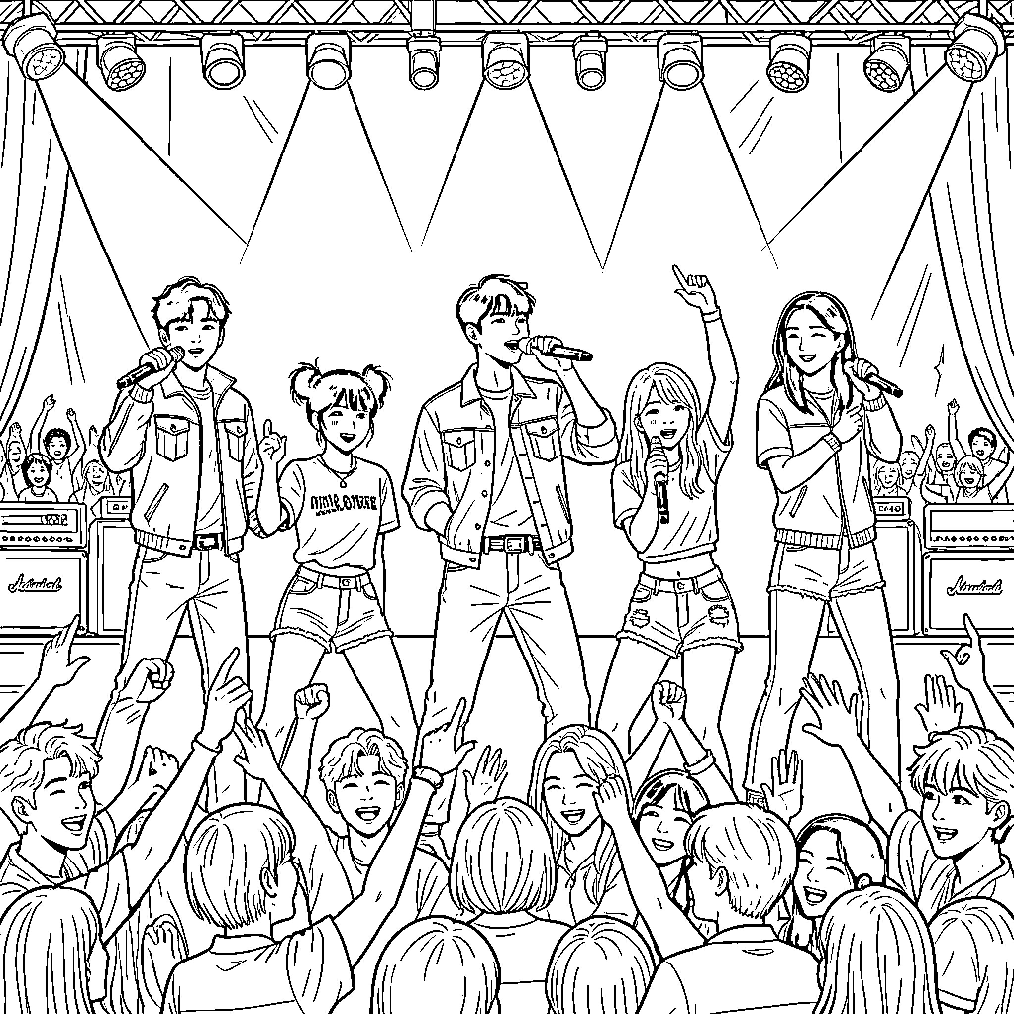 K-Pop Members performing energetically on stage for fans Coloring Page (free black-and-white line drawing printable PDF for all, from beginners to advanced learners, including children, teens, adults, and seniors)