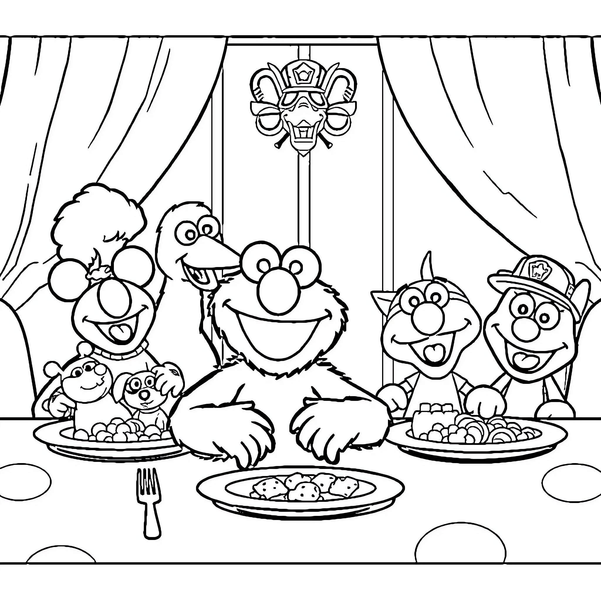Elmo and Friends Enjoying a Festive Meal Coloring Page (free black-and-white line drawing printable PDF for all, from beginners to advanced learners, including children, teens, adults, and seniors)