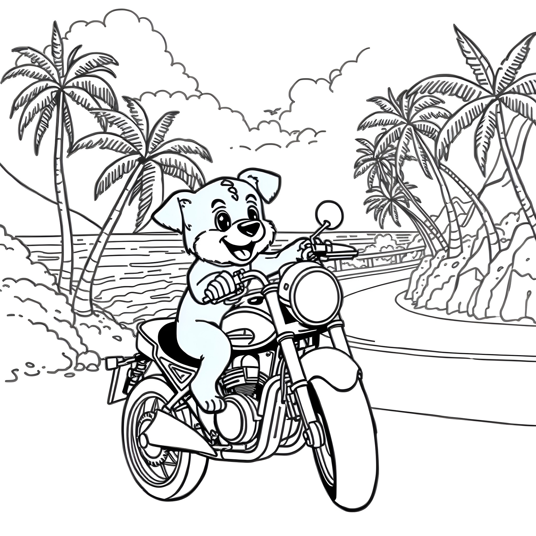 Bluey riding a motorcycle on a tropical beach Coloring Page (free black-and-white line drawing printable PDF for all, from beginners to advanced learners, including children, teens, adults, and seniors)