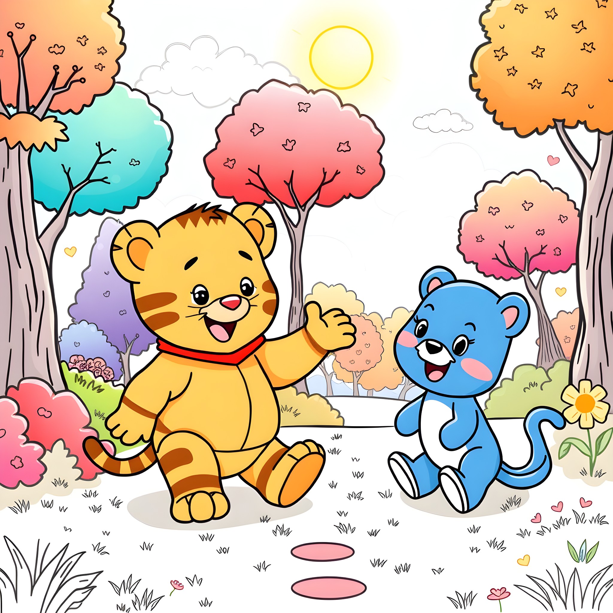 Daniel Tiger and Friend Exploring Colorful Woodland Coloring Page (free black-and-white line drawing printable PDF for all, from beginners to advanced learners, including children, teens, adults, and seniors)