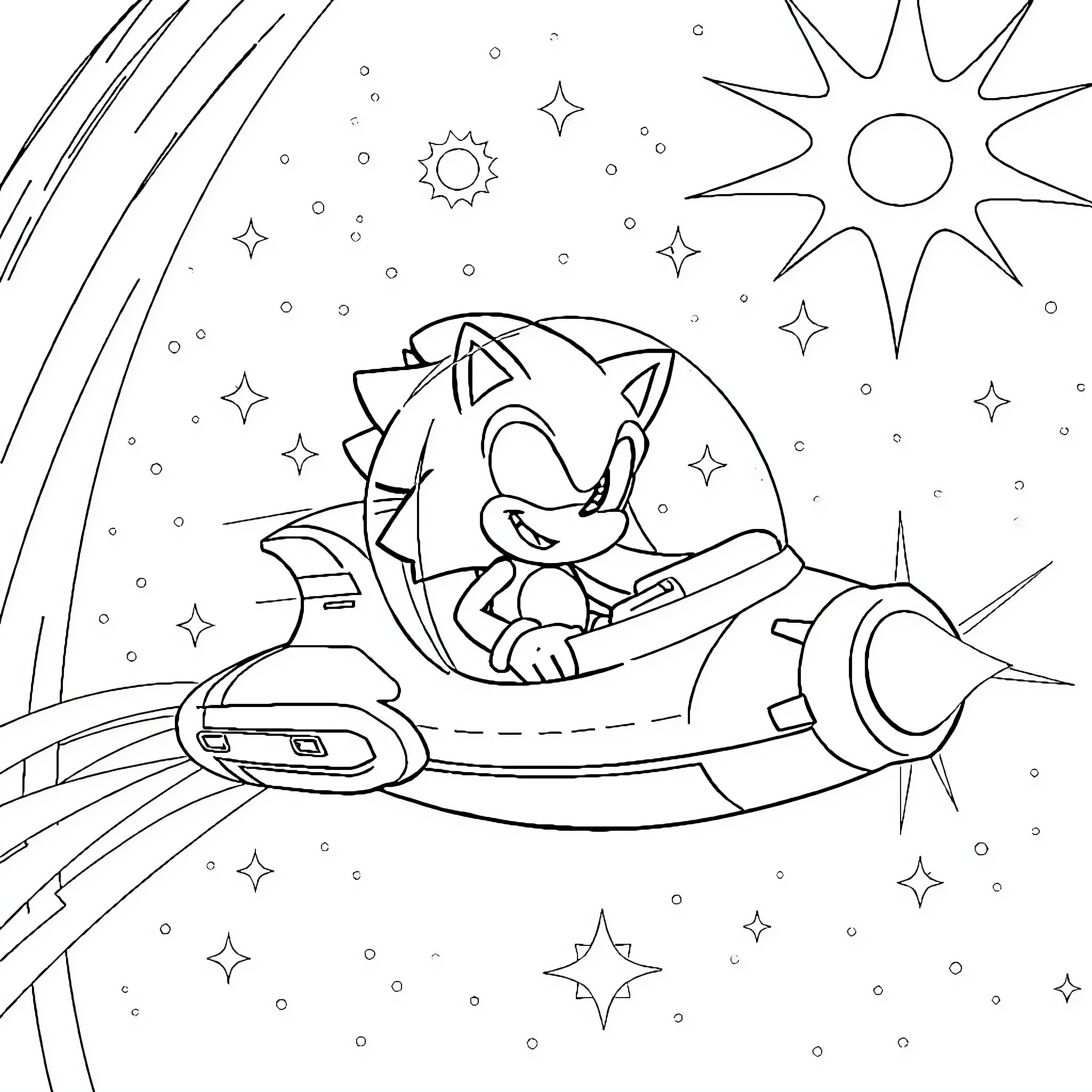 Sonic's Galactic Adventure in Spacecraft Coloring Page (free black-and-white line drawing printable PDF for all, from beginners to advanced learners, including children, teens, adults, and seniors)