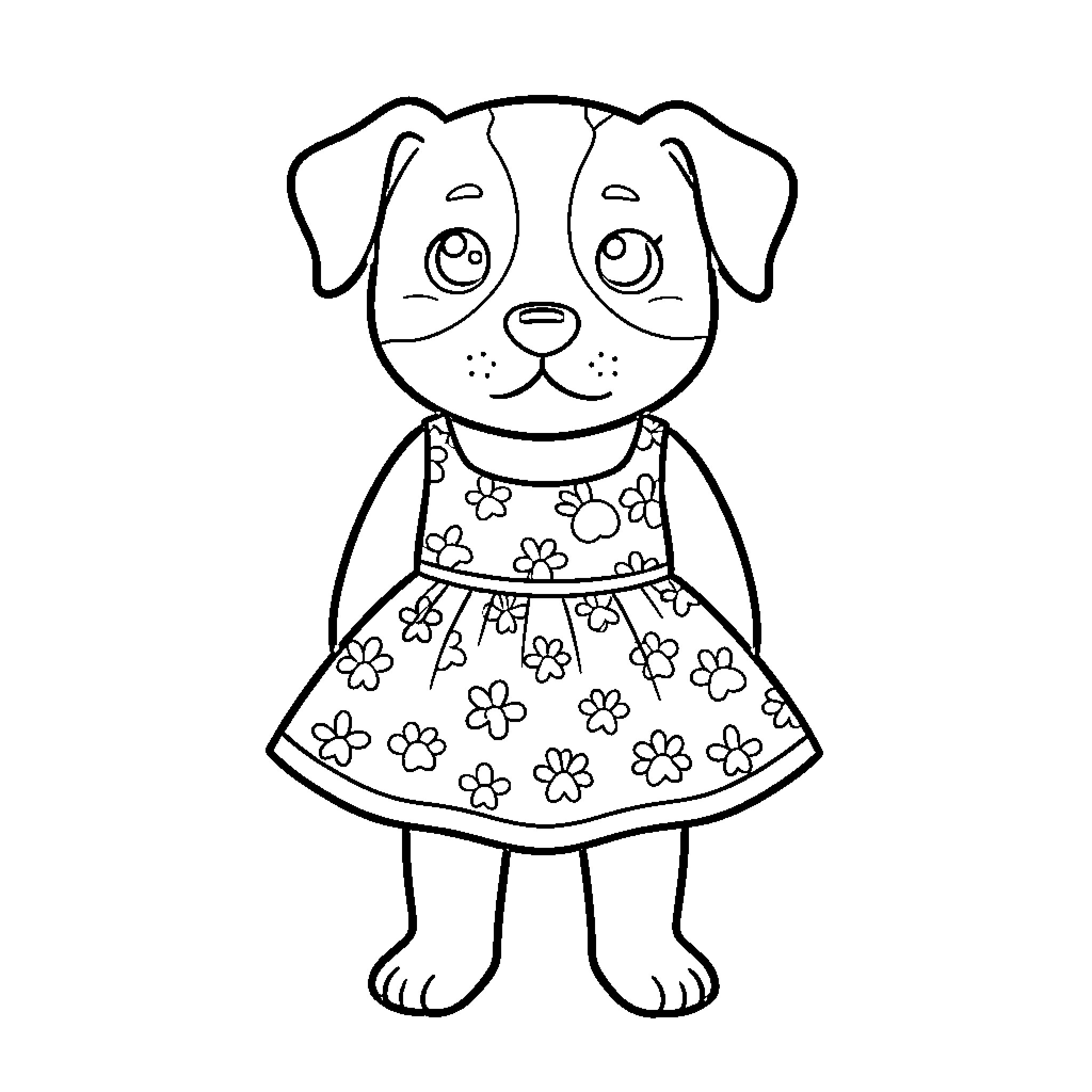 Staffy puppy in a floral dress Coloring Page (free black-and-white line drawing printable PDF for all, from beginners to advanced learners, including children, teens, adults, and seniors)