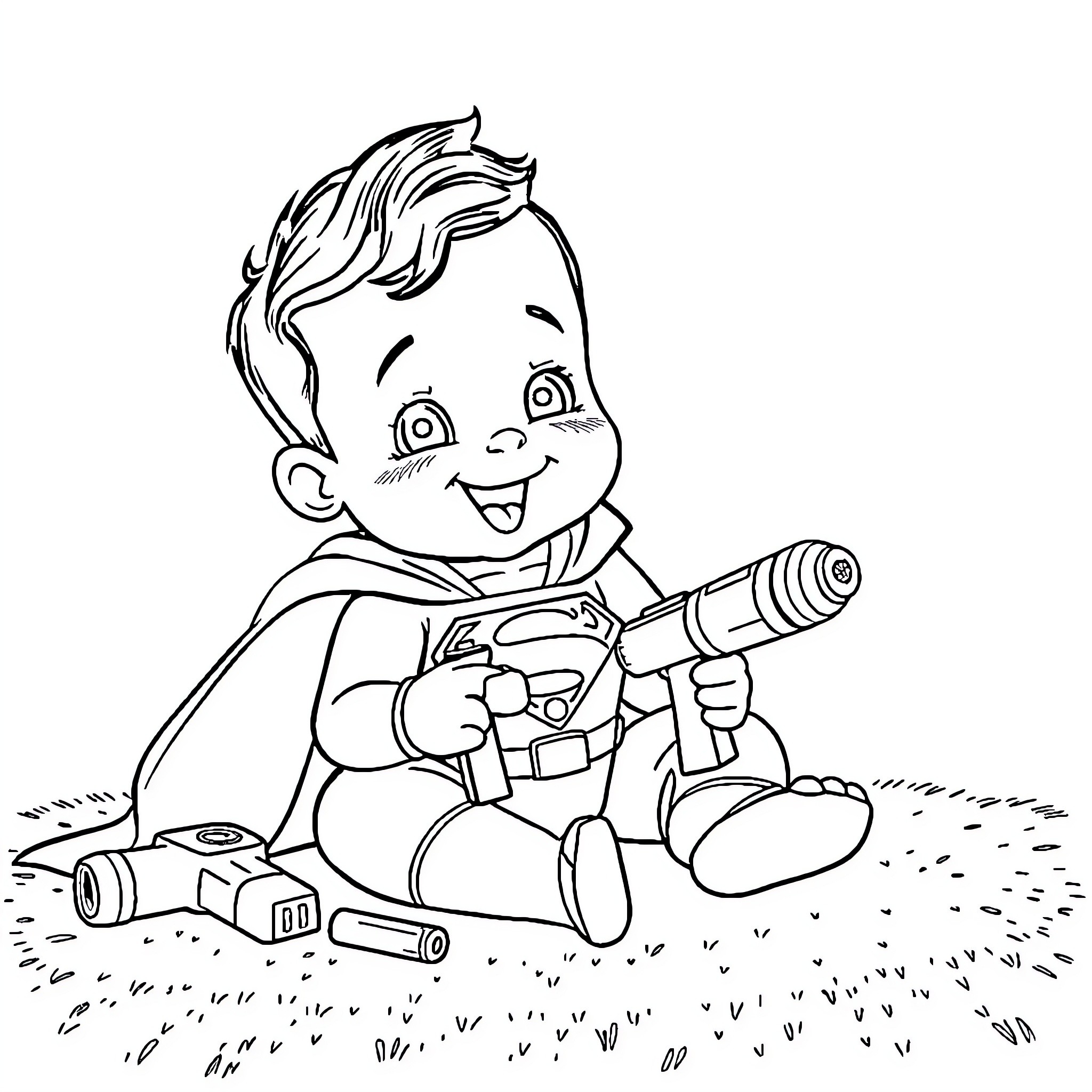 Superman playing with toys outdoors Coloring Page (free black-and-white line drawing printable PDF for all, from beginners to advanced learners, including children, teens, adults, and seniors)