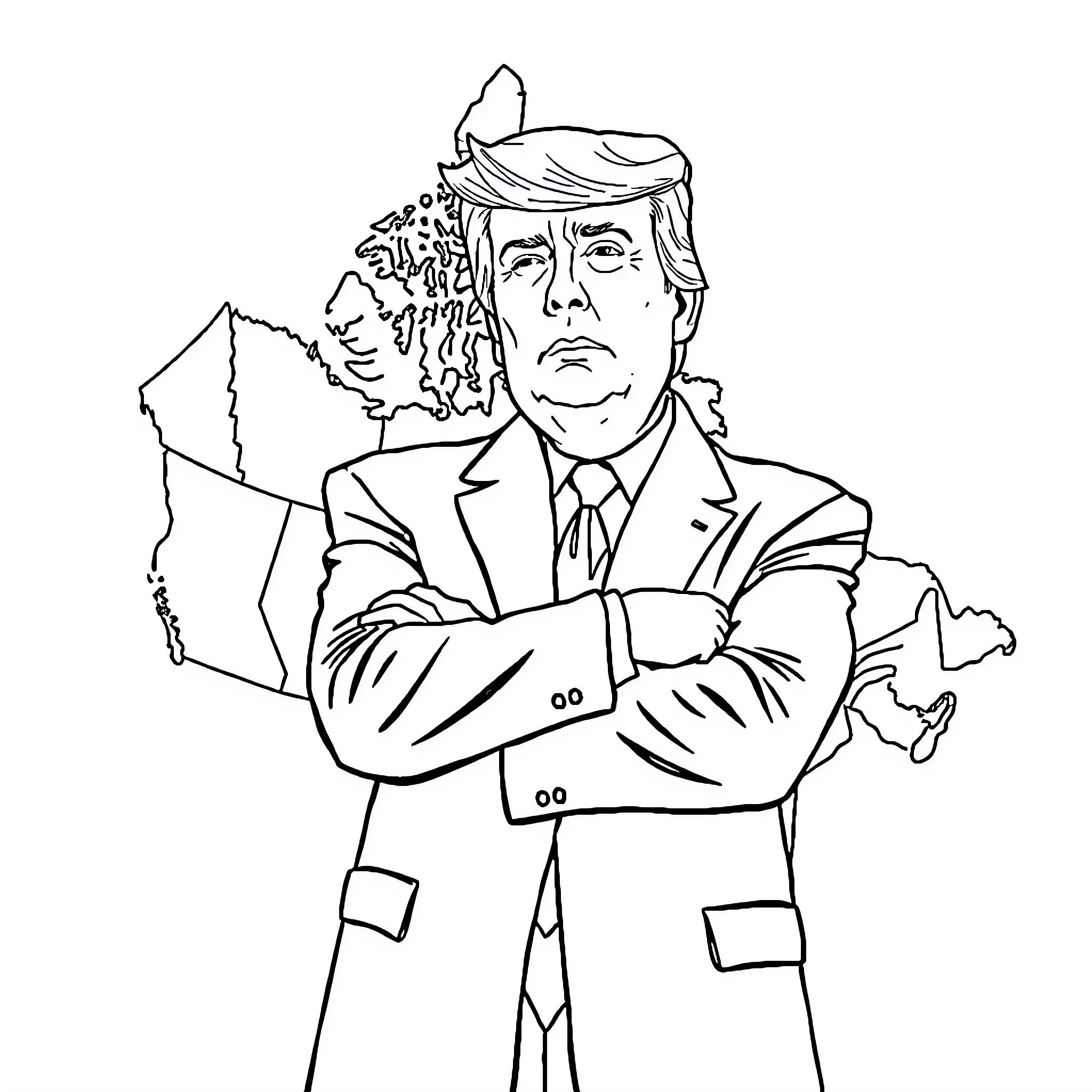 Donald Trump in a contemplative pose with folded arms Coloring Page (free black-and-white line drawing printable PDF for all, from beginners to advanced learners, including children, teens, adults, and seniors)