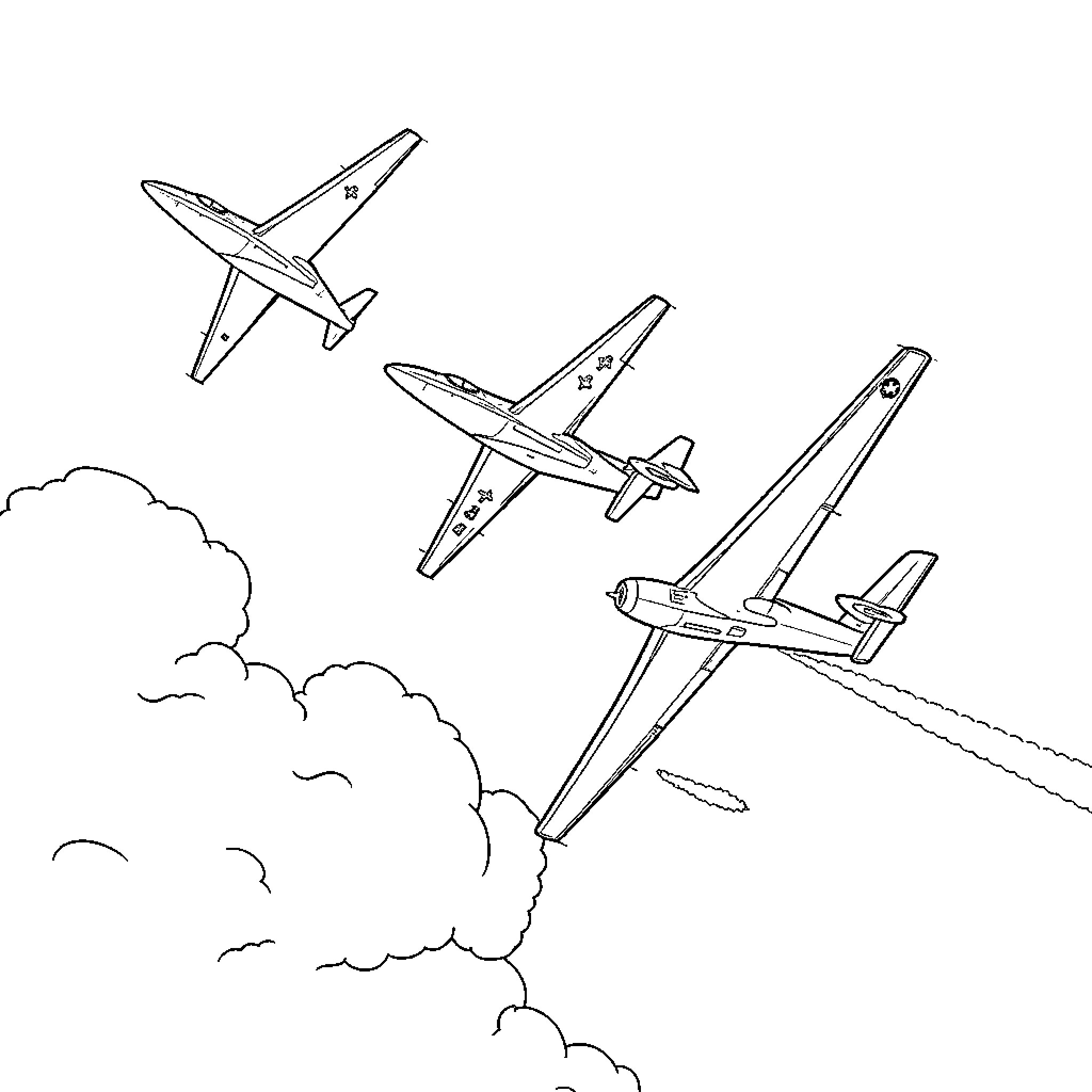 Plane Formation Flying Over Clouds Coloring Page (free black-and-white line drawing printable PDF for all, from beginners to advanced learners, including children, teens, adults, and seniors)