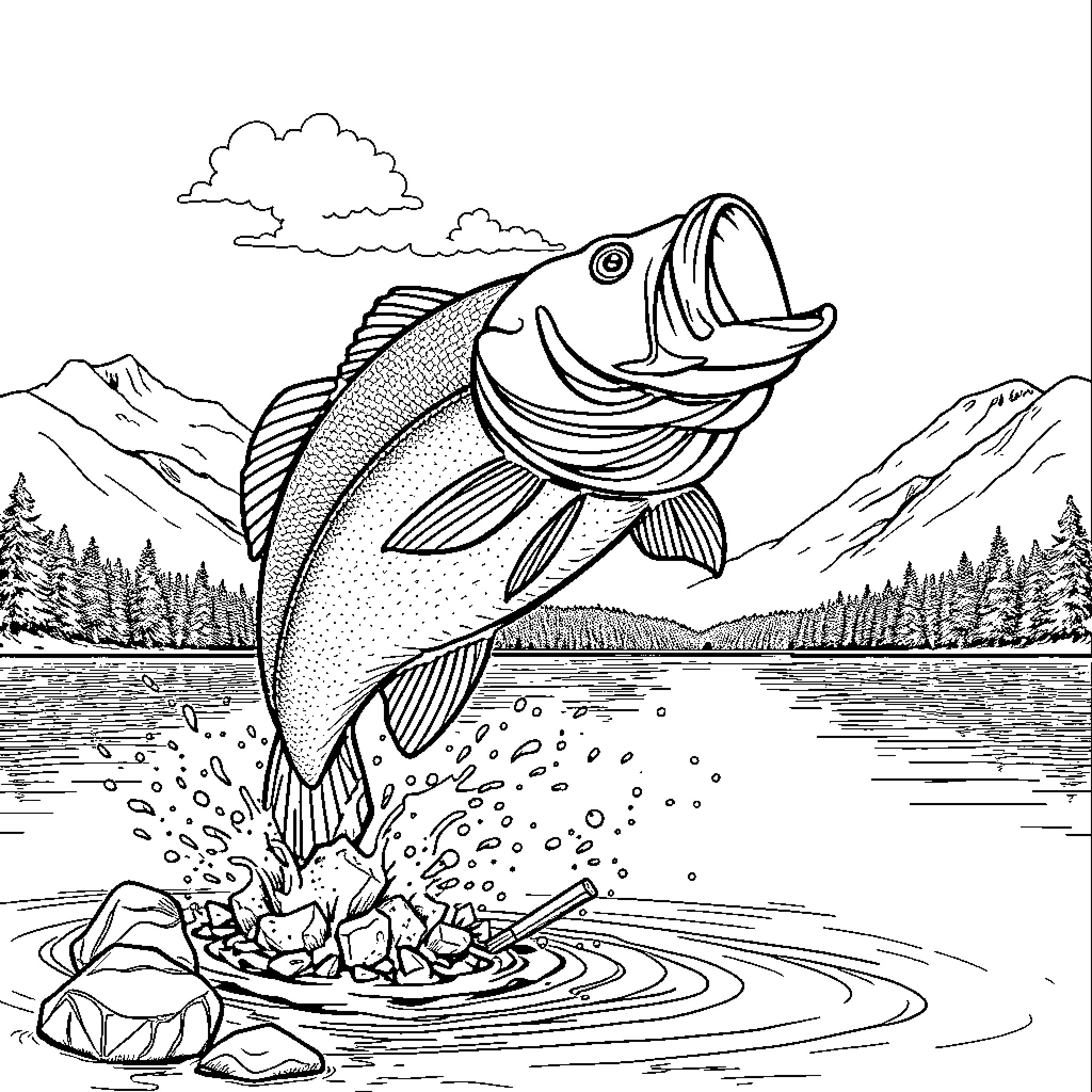 Bass jumping out of water with mountain scenery Coloring Page (free black-and-white line drawing printable PDF for all, from beginners to advanced learners, including children, teens, adults, and seniors)